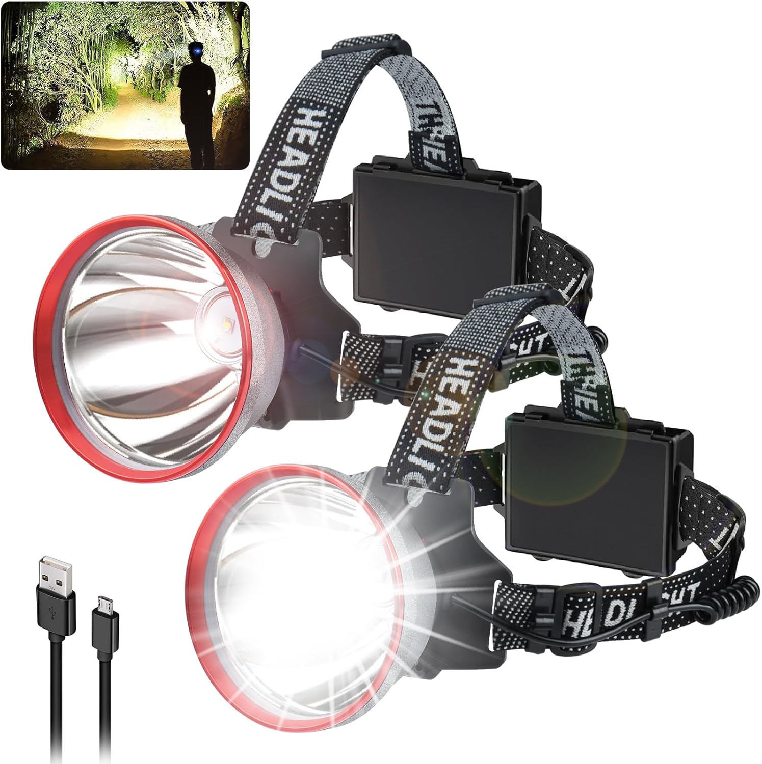 Aikertec Rechargeable Headlamp 2 Pack, 180000 Lumen Super Bright Headlamp Flashlight, 80H Headlamp Battery Powered, 120° Adjustable, IP67 Waterproof, Led Headlamp for Outdoor Camping Fishing - Image 2