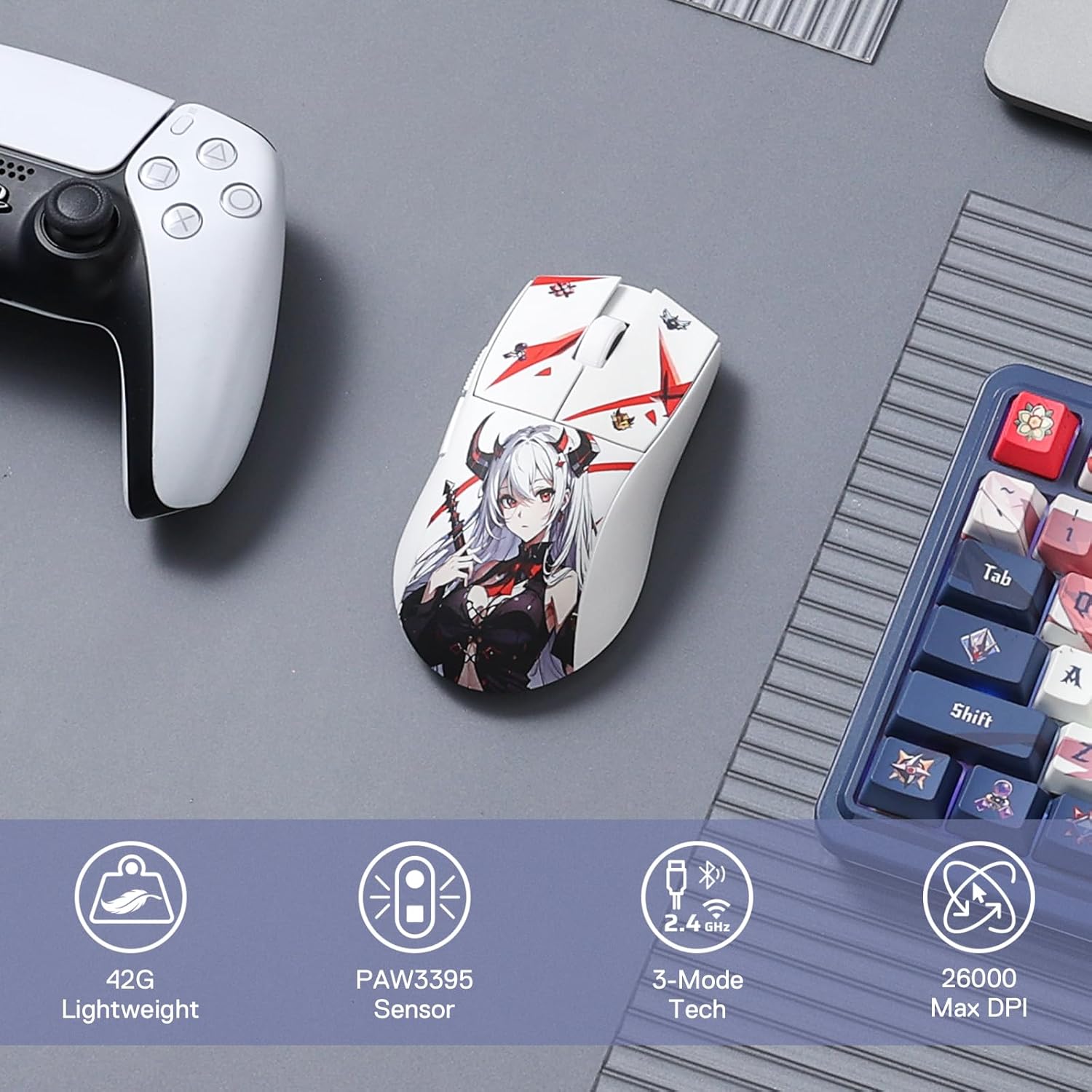Redragon M916AK PRO 3-Mode Anime Gaming Mouse, 42G Ultra-Light 26K DPI Gaming Mouse w/Ergonomic Natural Grip Build, Full Programmable Buttons, Software Supports DIY Keybinds & DPI - Image 3