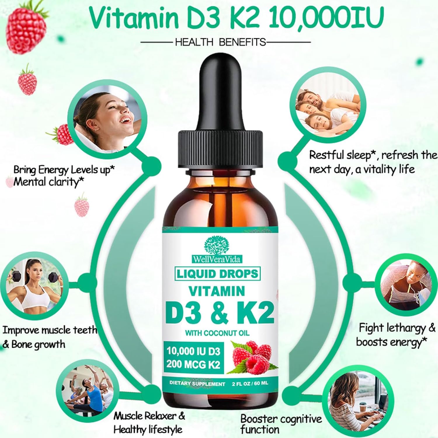 D3 K2 Vitamin 10000iu, Liquid Drop Vitamin D3 With K2 (MK-7)200mcg Coconut Oil, 6X Stronger Than D3 K2 Sofegels, Magnesium Zinc for Absorption -K2 D3 Vitamin Supplement for Joint Teeth & Bone Health - Image 4