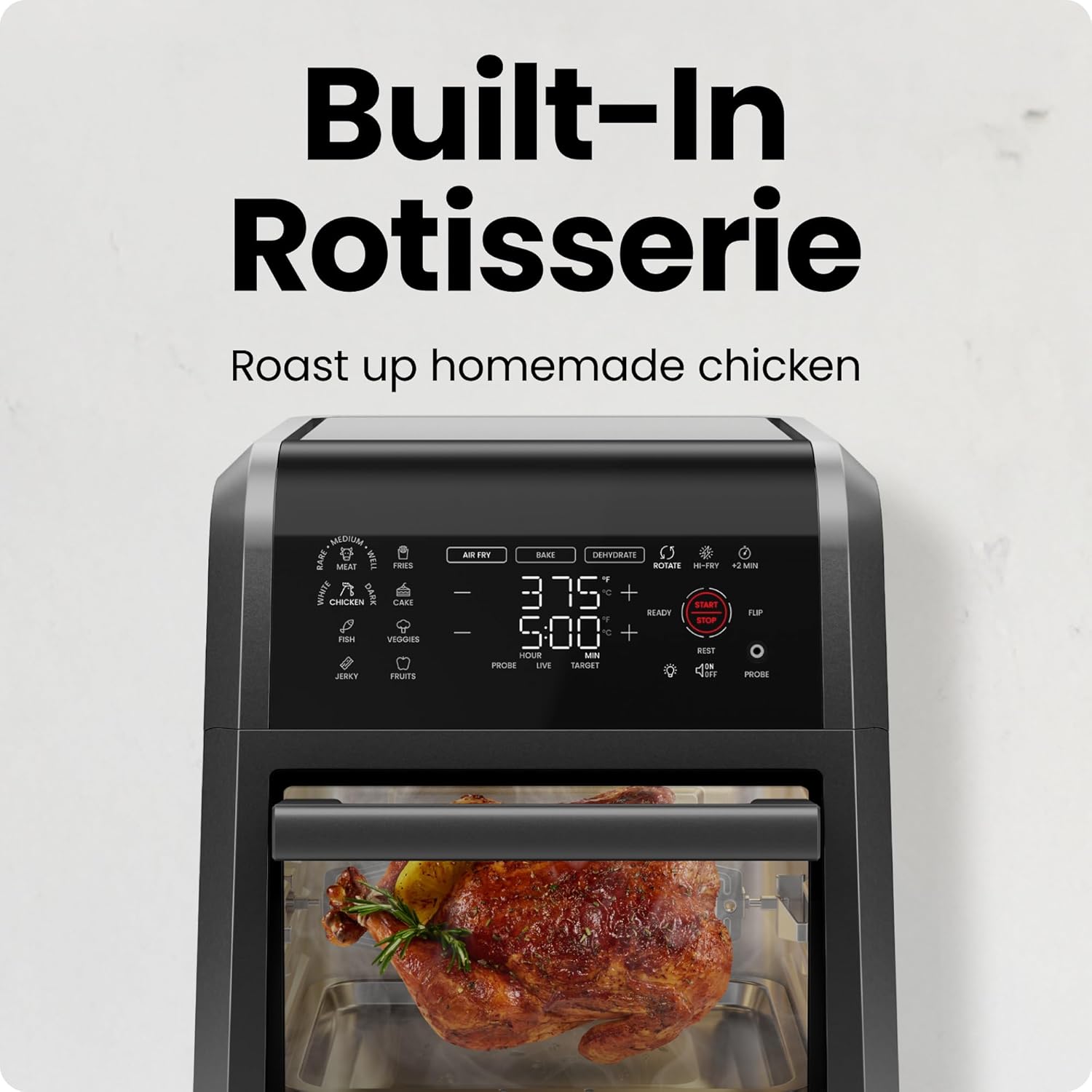 CHEFMAN ExacTemp™ 12 Quart 5-in-1 Air Fryer with Integrated Smart Cooking Thermometer, 28 Touchscreen Presets, Rotisserie, Dehydrator, Bake, XL Convection Oven with Auto Shutoff, Black - Image 7