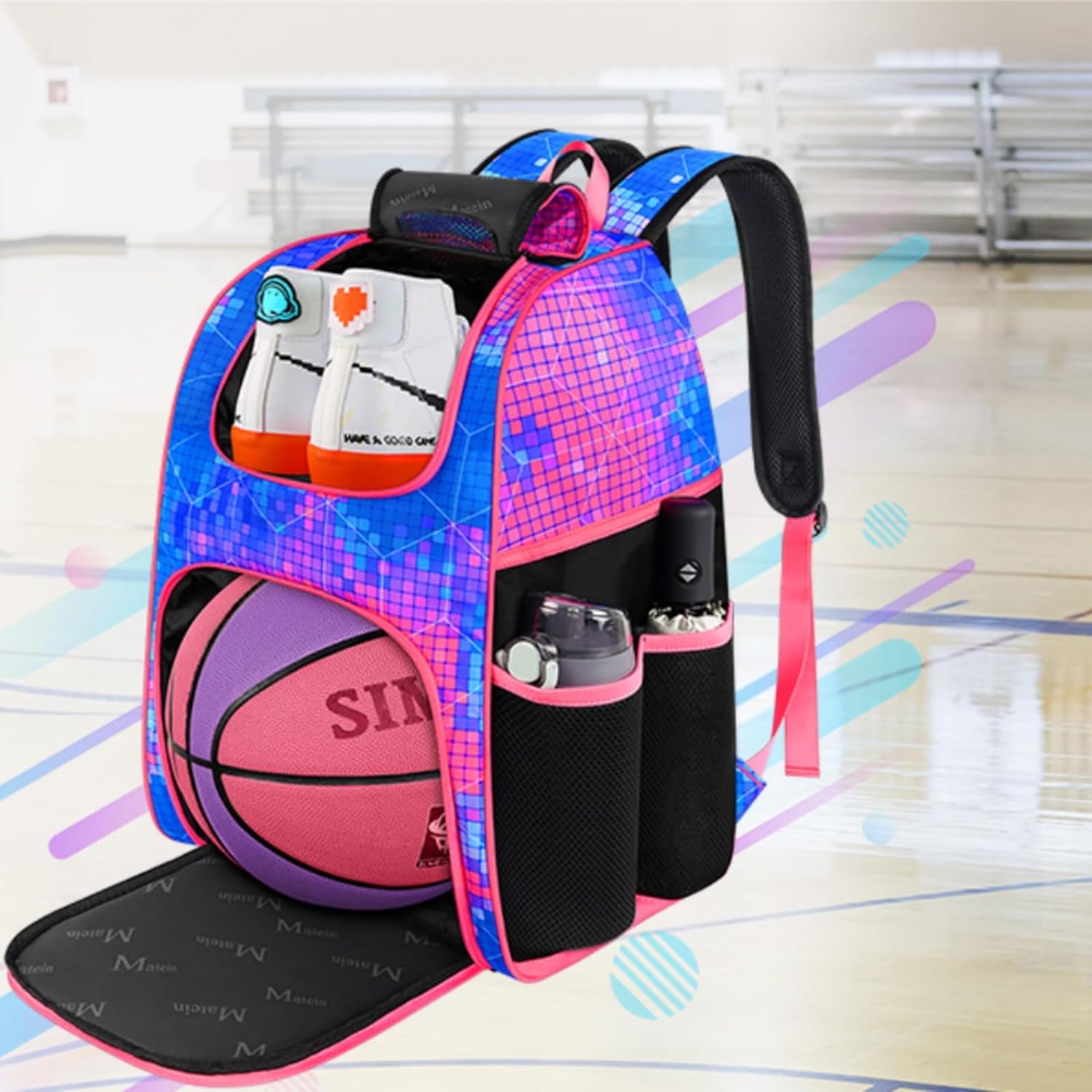 MATEIN Basketball Bag, Sturdy Soccer Bag with Ball Holder & Shoe Compartment, Large Basketball Backpack for Training Equipment, Water Resistant Sports Ball Backpack Fits Volleyball Football, Colorful - Image 9