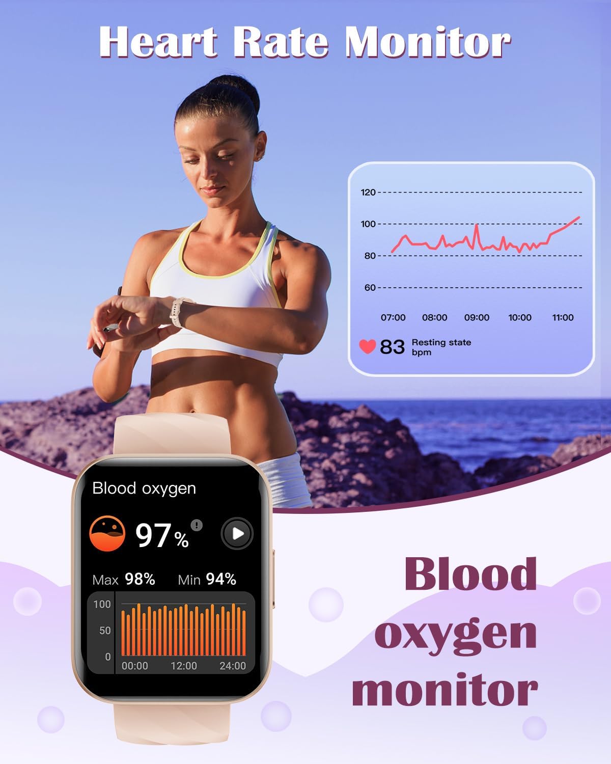RUIMEN Smart Watches for Women Men (Answer/Make Calls) Compatible with iPhone/Android Phones, 1.85" HD Screen Fitness Tracker Heart Rate Monitor 100+ Sports Tracker Watch Waterproof (Pink) - Image 4