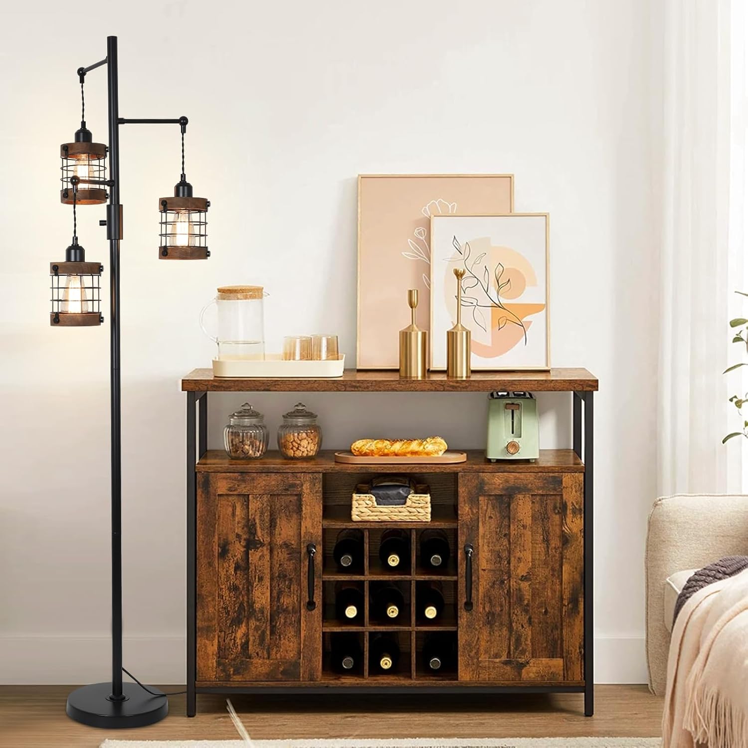 Airposta Dimmable Floor Lamps for Living Room, 3-Light Industrial Floor Lamp with Wood & Metal Cage, Farmhouse Standing Lamp Tall Tree Lamp for Bedroom Office, Rustic Black Tall Floor Lamp for Corner - Image 7