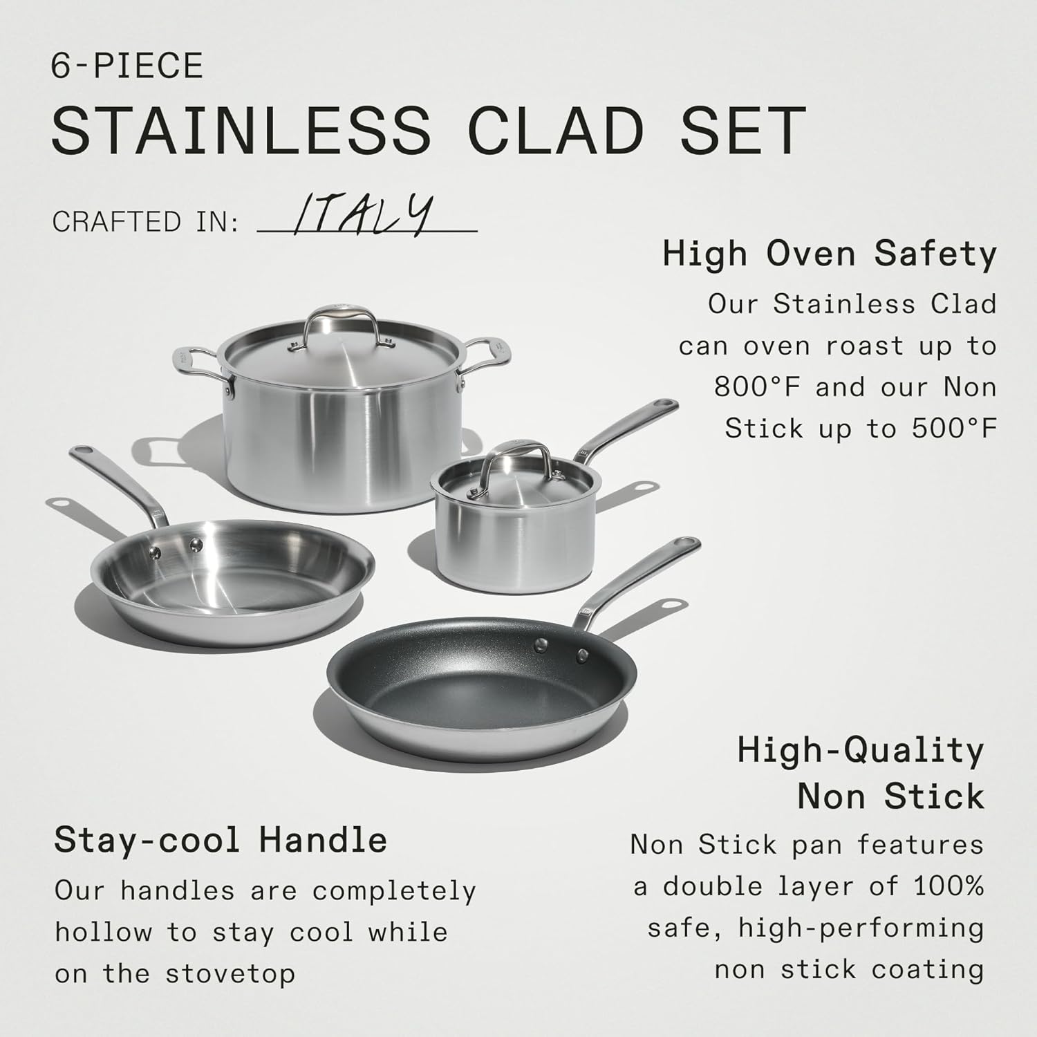 Made In Cookware - 6 Pc Stainless Steel Cookware Set - 5 ply Clad - Includes Frying Pans, Saucepan, and Stock Pot - Professional Grade - Crafted in Italy - Induction Compatible - Image 4
