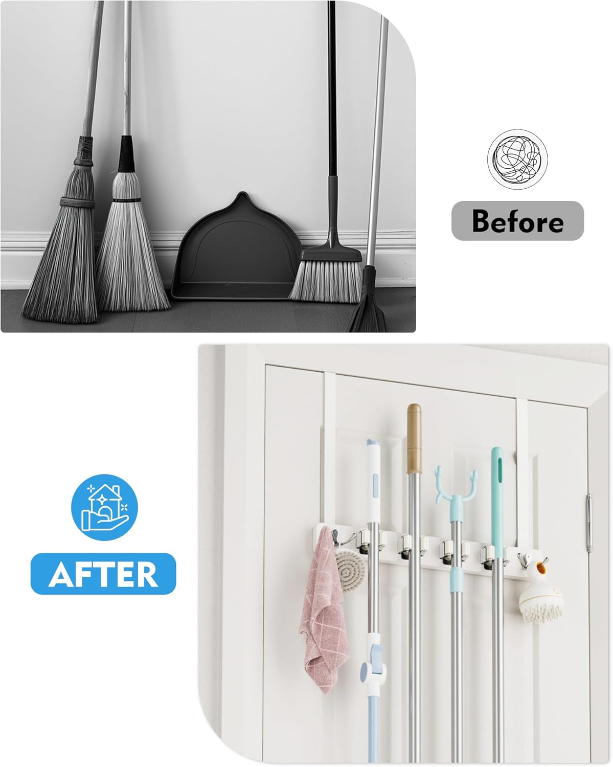 Over the Door Broom Holder, Mop and Broom Holder Door Mount, Hanging Broom Holder Over the Door with 4 Racks & 2 Hooks, Wood Broom Door Hanger Storage, Laundry Tool Organizer for Closet Garage - Image 6