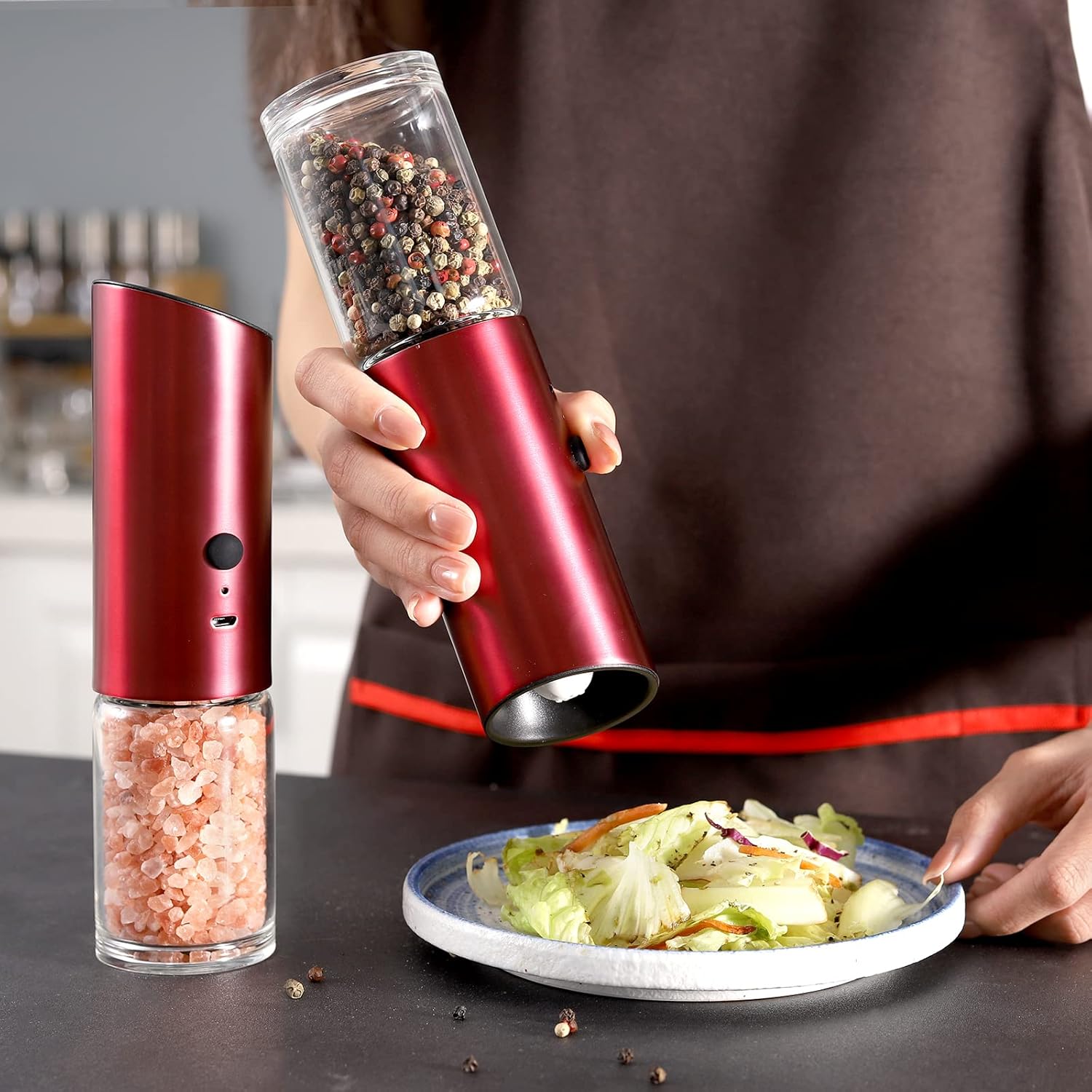 Vzaahu Gravity Electric Pepper and Salt Grinder Set of 2 - Rechargeable, Refillable, Adjustable Coarseness, Stainless Steel Seasalt Peppermill with LED light - One Hand Operation (Red) - Image 8