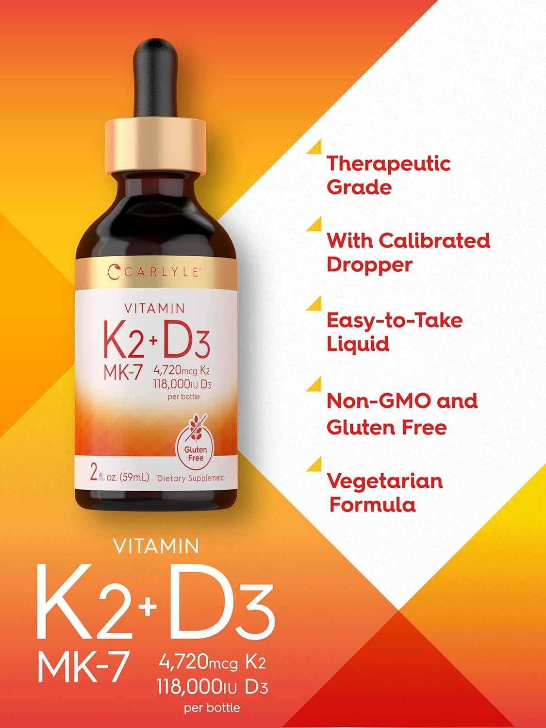 Carlyle Vitamin D3 K2 Drops | 2 Fl Oz | MK-7 Supplement | Vegetarian, Non-GMO, Gluten and Soy Free Formula - Image 5