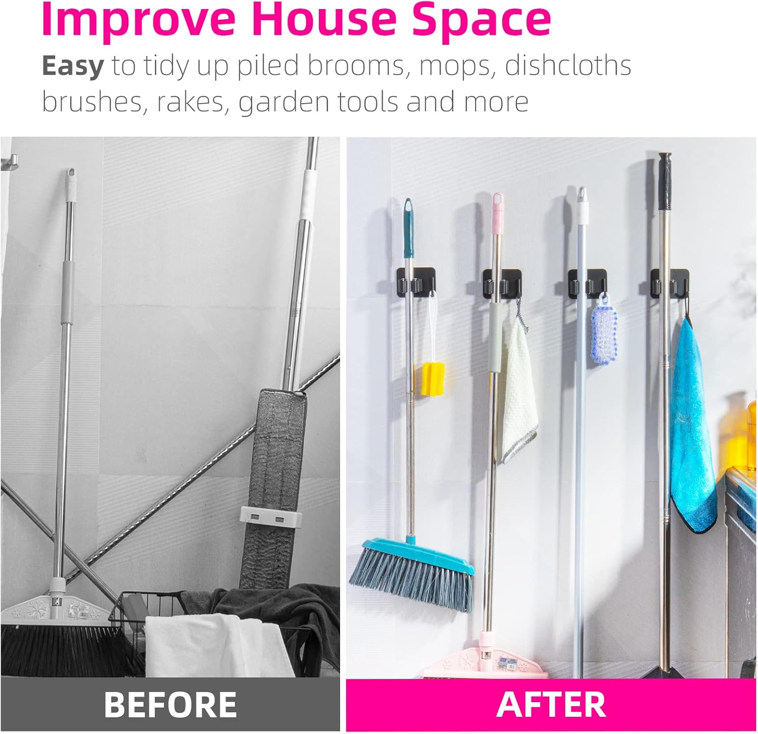 4 Pack Anti-Slip Broom Holder, Space-Saving, Damage-Free Wall Mount, Stainless Steel, Black - Image 5