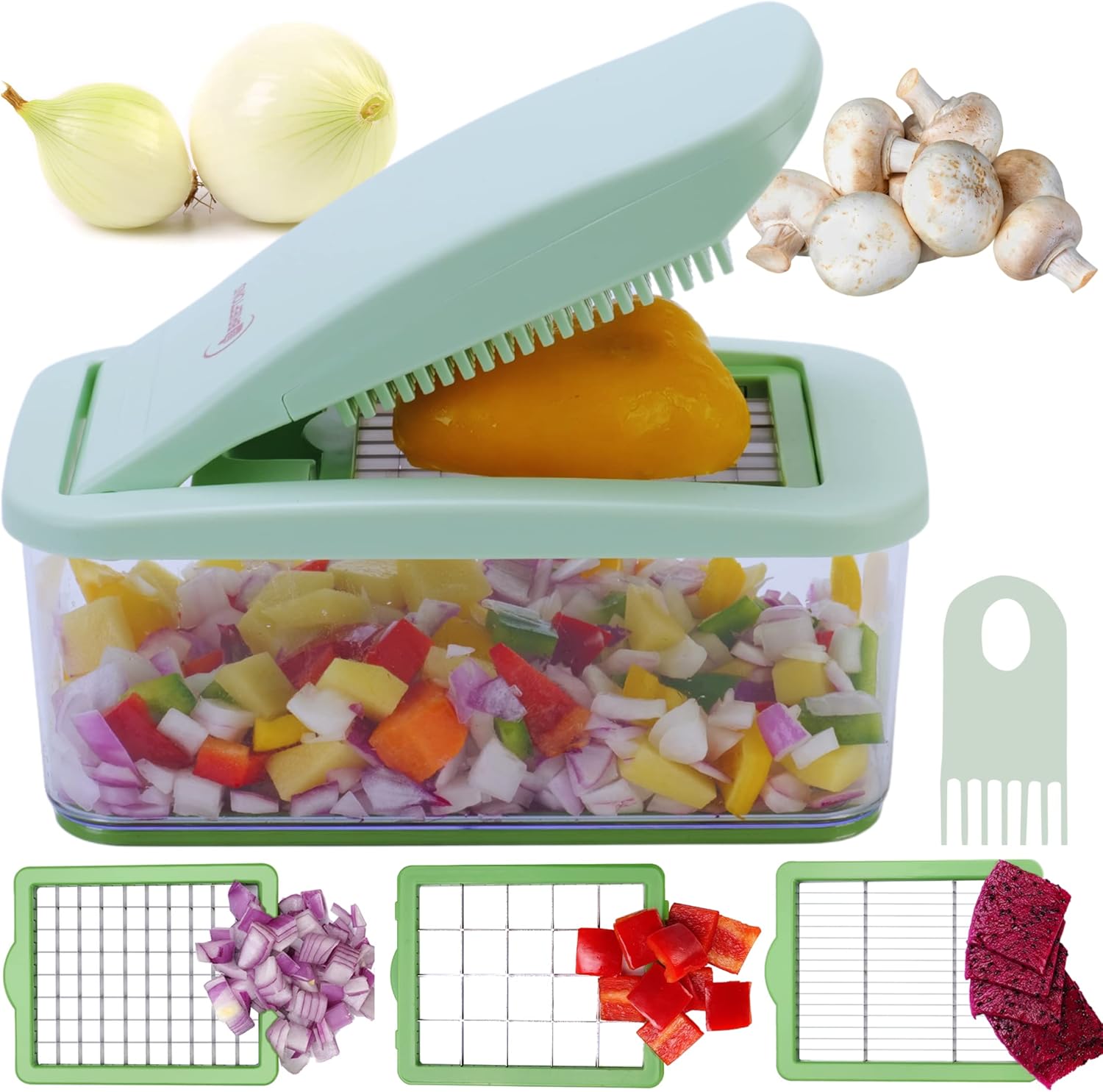 Brieftons QuickPush Food Chopper: Vegetable Dicer Slicer, Onion Cutter, 3 Extra-Large Blades with 200% More Cutting Area to Chop Dice Slice Vegetables, 2.6-Quart Container - Image 2