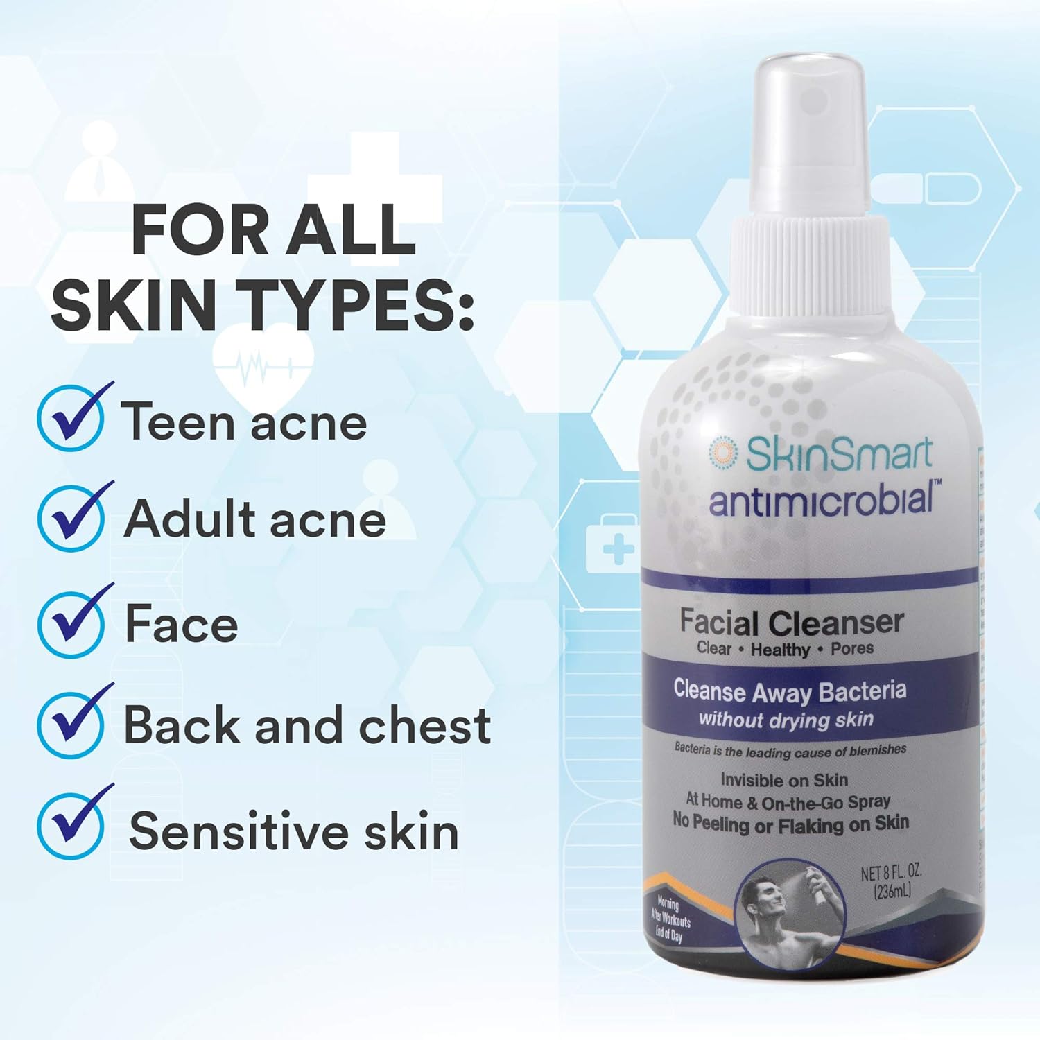 SkinSmart Facial Cleanser for Acne, Targets Bacteria for Active Teenage Athletes Post Workout and Adult Acne, 8 oz Spray Bottle, Safe for Multiple Daily Uses - Image 4