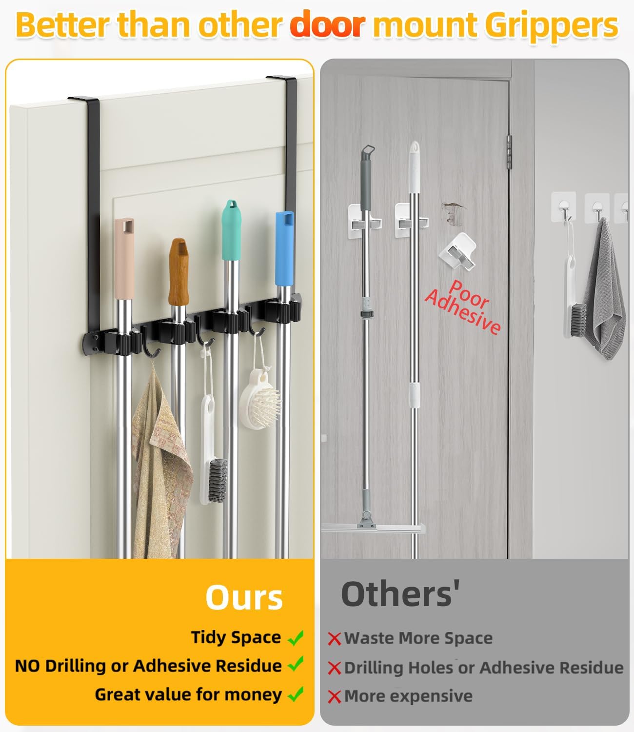 Broom Holder Over The Door - 304 Stainless Steel Mop and Broom Holder Wall Mounted or Hanging Over The Door with Hooks - Broom Hanger, Broom Storage Tool Organizer for Garage Closet Laundry - Image 7