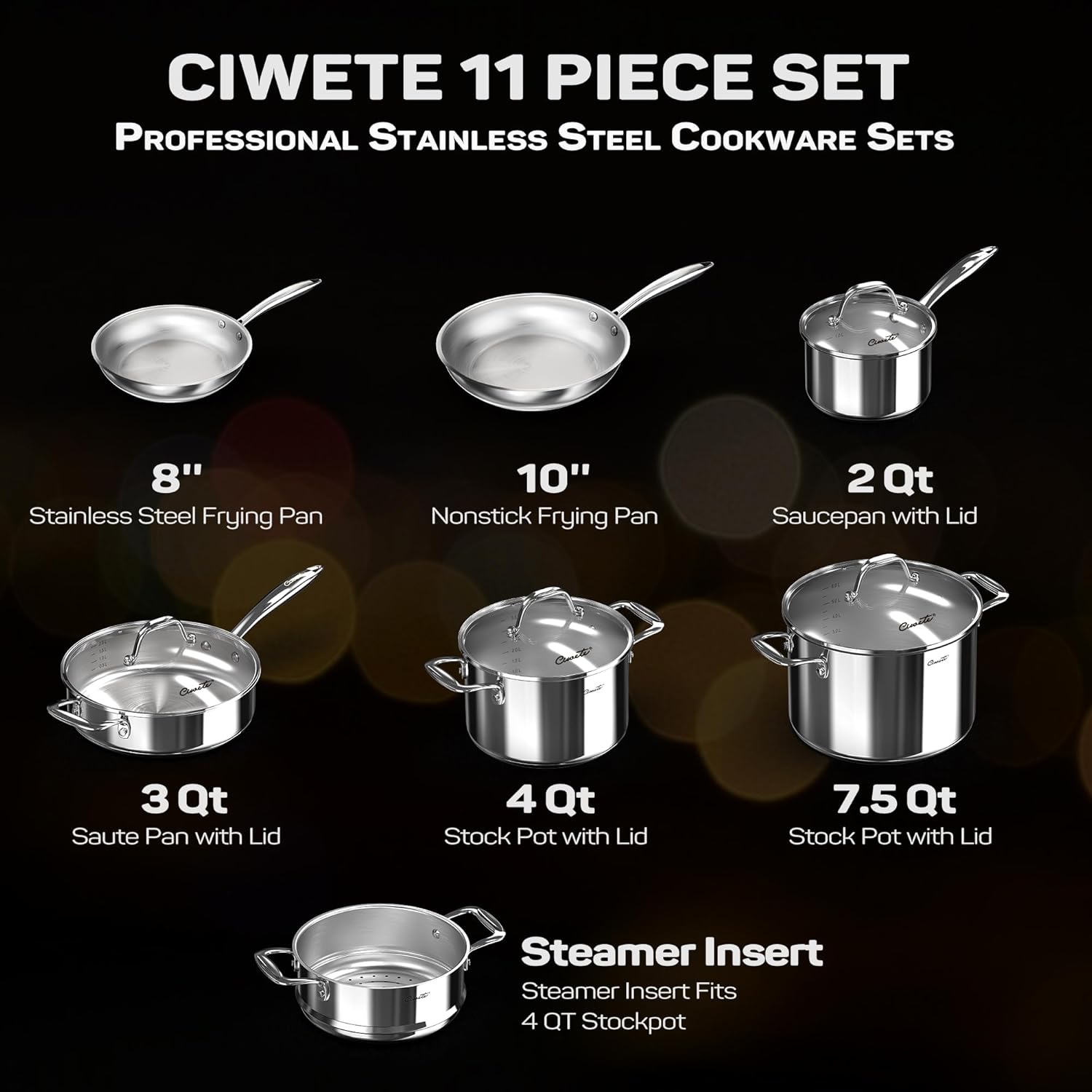 Tri-Ply Stainless Steel Pots and Pans Set 11-PC, 18/10 Stainless Steel Induction Cookware Set with Steamer Insert, Kitchen Cookware Sets with Stay Cool Ergonomic Handles, Dishwasher, Oven Safe - Image 5