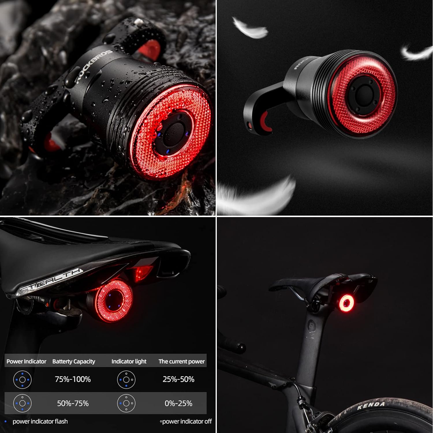 ROCKBROS Bike Tail Light Smart,Brake Sensing Bicycle Rear Lights for Night Ride,Ultra Bright LED Back Lights,Type C USB Rechargeable,IPX6 Waterproof,Cycling Safety Taillight Accessories - Image 6