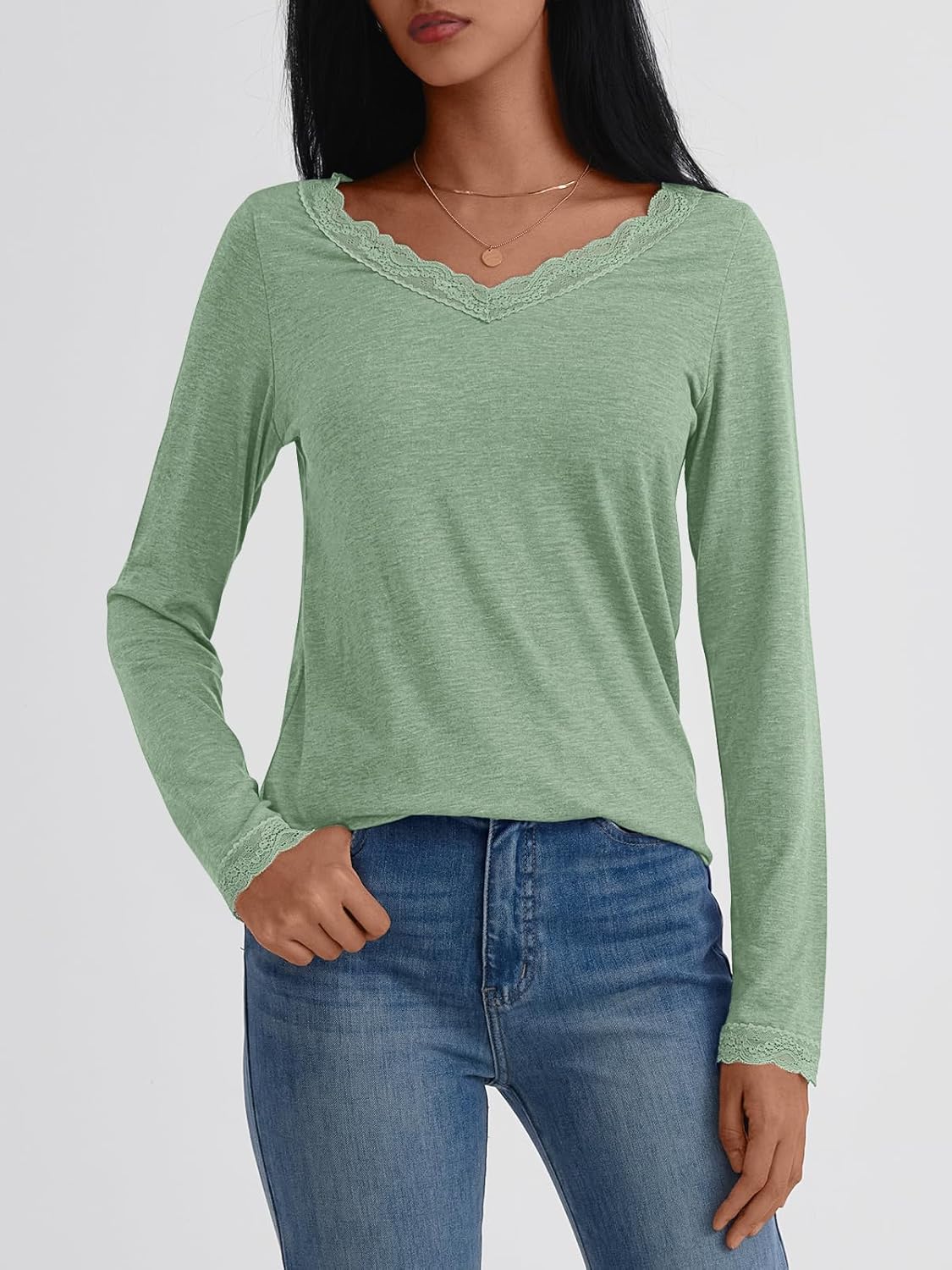 AUTOMET Long Sleeve T Shirts for Women Lace V Neck Casual Cute Tops Loose Fit Fall Winter Basic Clothing - Image 3