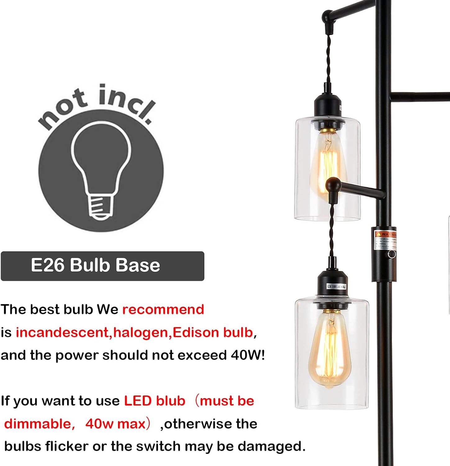Airposta Industrial Floor Lamp with On/Off Dimmable Switch, 3-Head Rustic Tree Standing Lamp, Edison Bulb 40W Retro Tall Glass Floor Light for Living Room, Reading, Office, Bedroom, Black - Image 9