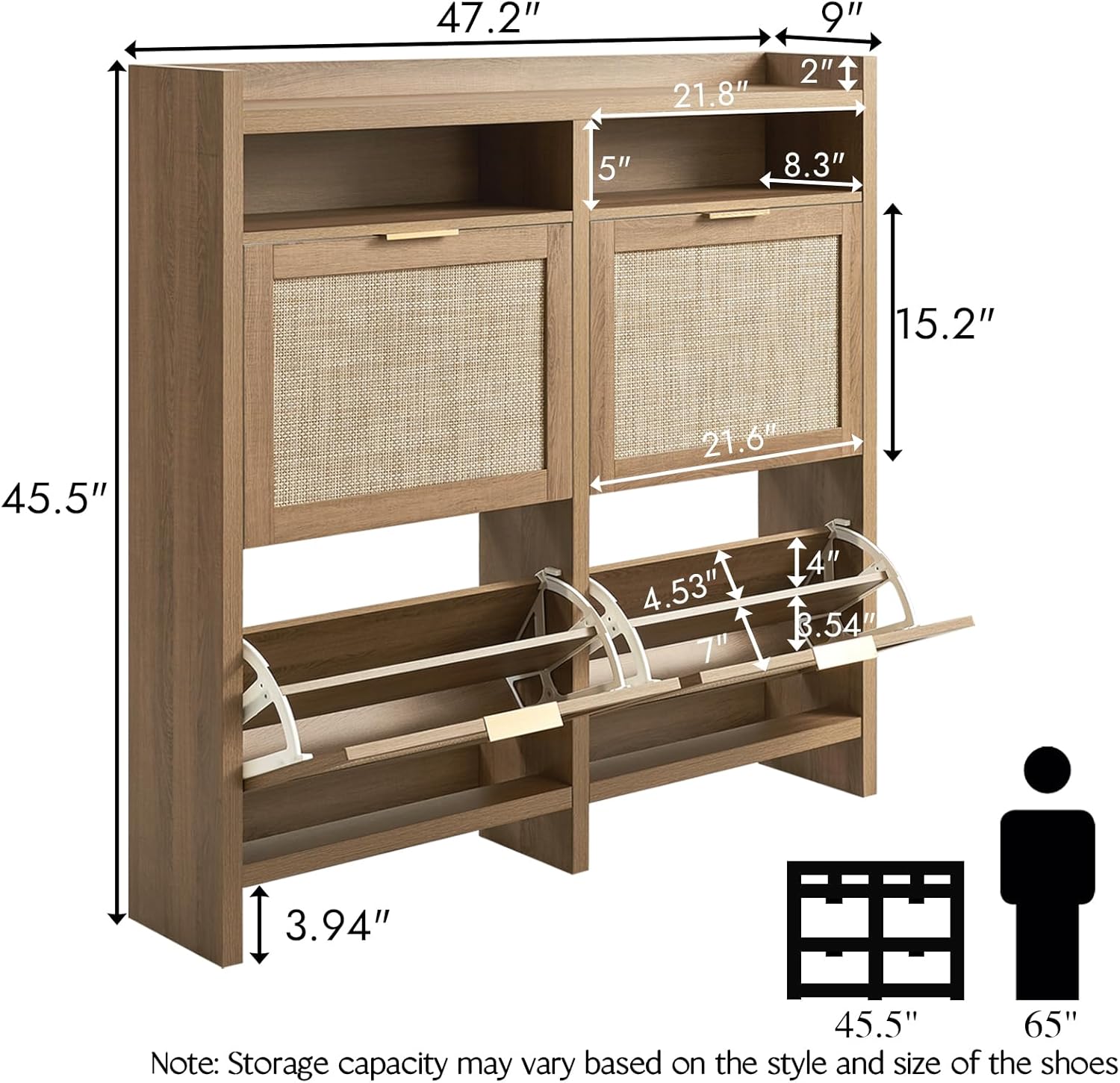 Large Rattan Shoe Storage Cabinet with 4 Flip Drawers & 2 Open Storages – Hidden Slim Shoe Organizer for Entryway, Large Tabletop Space, Farmhouse Boho Narrow Shoe Rack, Rustic Oak - Image 3