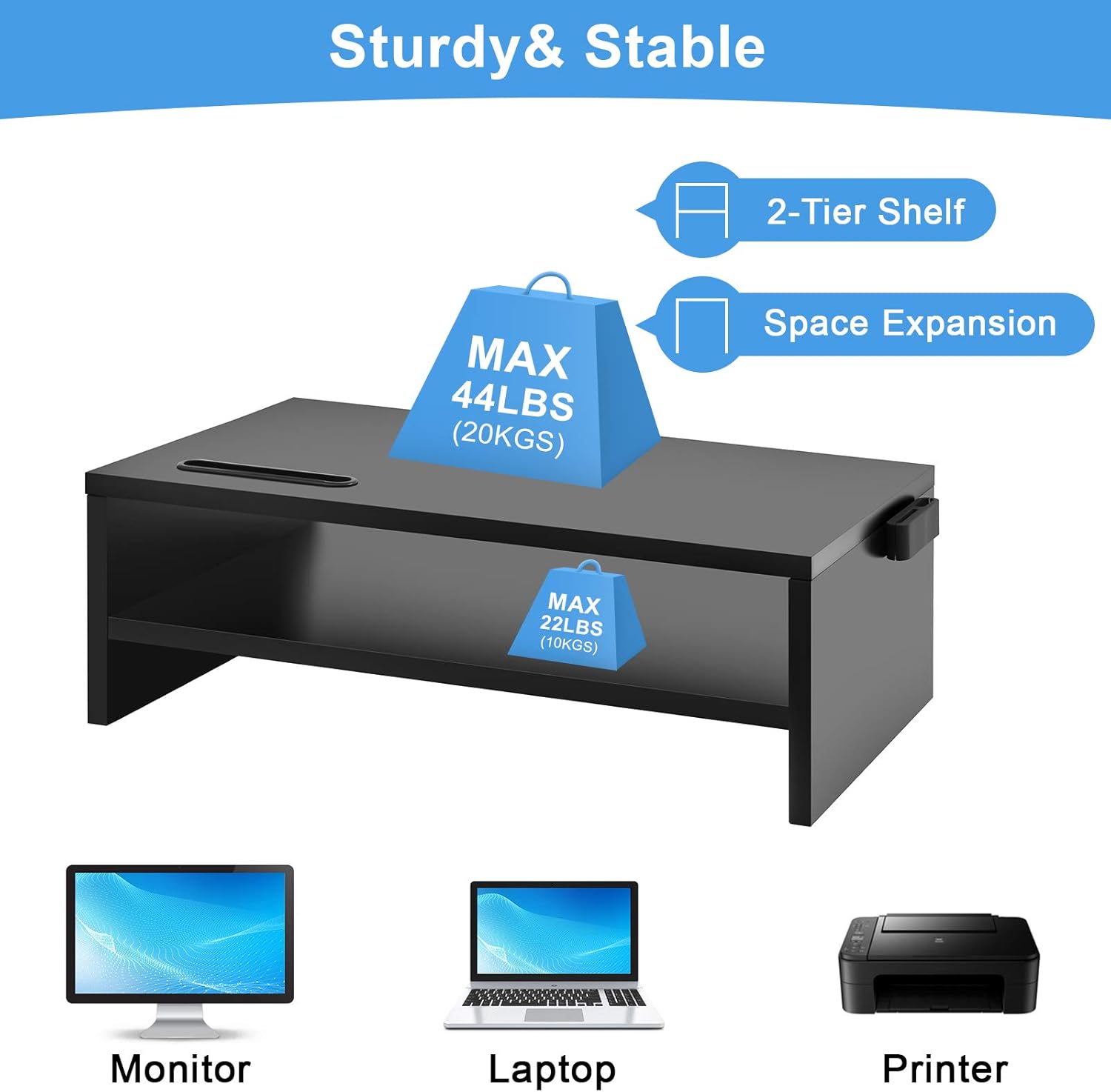 Marbrasse Monitor Stand Riser, 16.5 Inch 2 Tier Computer Printer Shelf Stand for Laptop Computer Screen Storage, Desktop Stand with Phone Holder and Cable Management Black - Image 5