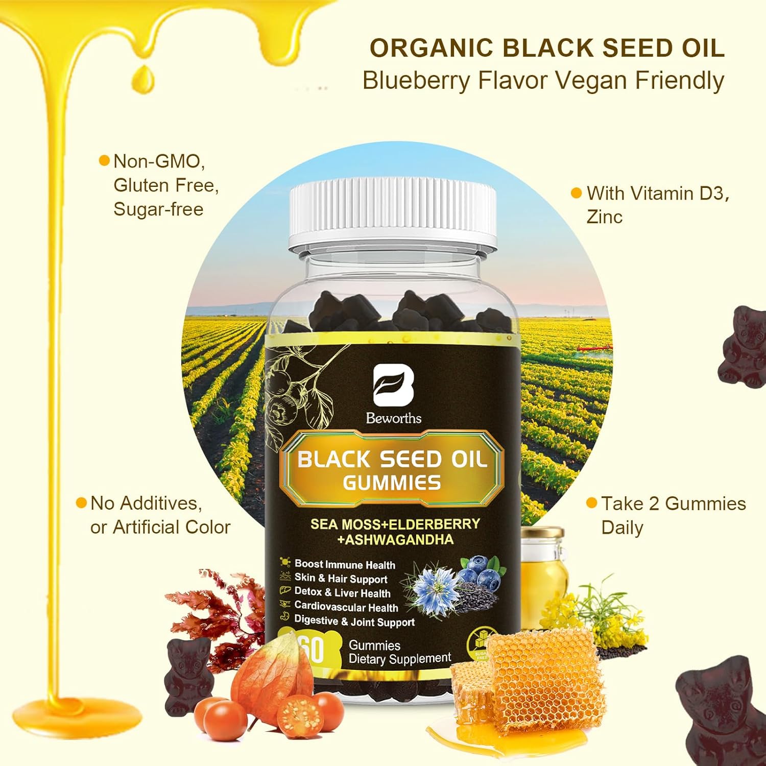 Black Seed Oil & Sea Moss Gummies, 2Pack Irish Sea Moss Gummies with Black Seed Oil, Ashwagandha Extract, Elderberry, Turmeric, Vitamin C, Vitamin D3 - Immune Support, Joints, Digestion, Hair & Skin - Image 6