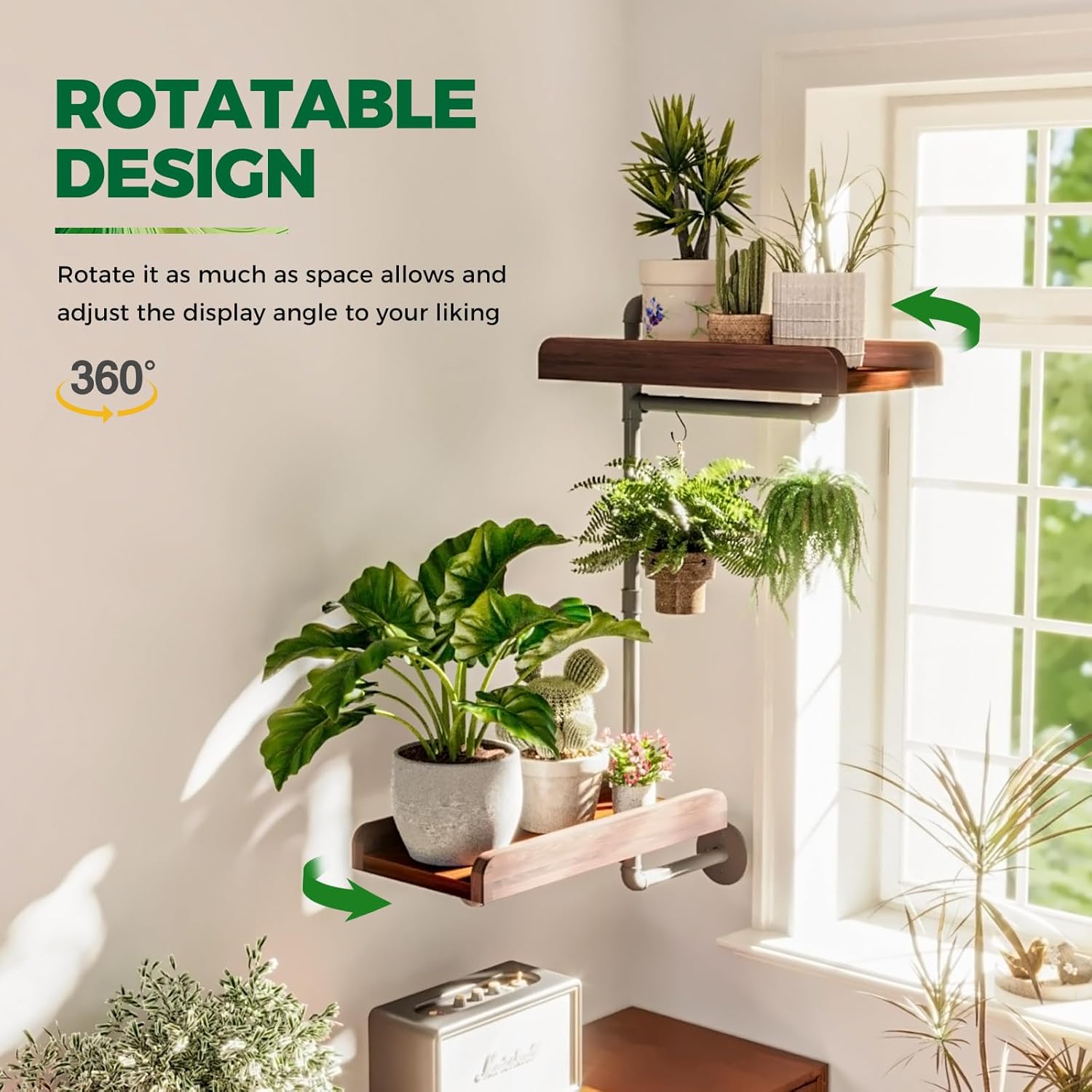 Bamworld Window Plant Shelves Rotating Plant Stand Indoor 2 Tier Hanging Floating Shelf Wood Rotating Shelf Plant Holder Industrial Rustic Wall Mount for Home Decor - Image 4