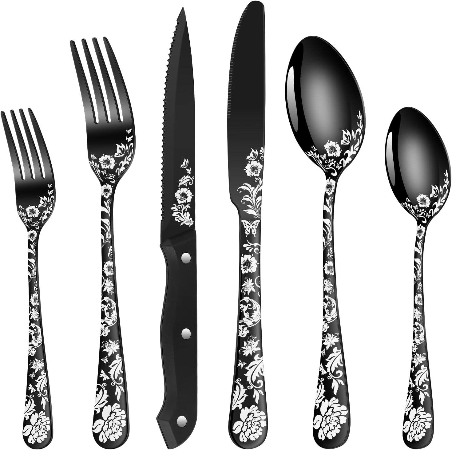 24-Piece Black Silverware Set with Steak Knife, Black Flatware Sets for 4, Stainless Steel Cutlery Set Includes Forks Knives Spoons,Unique Pattern Design,Mirror Polished and Dishwasher Safe - Image 2