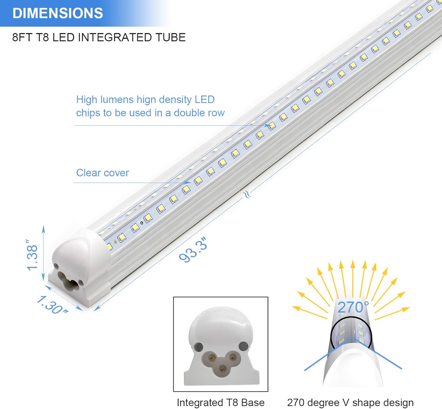 10-Pack 8ft LED Shop Light Fixture - 90W T8 Integrated LED Tube Light - 6500K 12000LM V-Shape Linkable - High Output - Clear Cover - Plug and Play - 270 Degree Lighting for Garage, Shop, Barn - Image 4