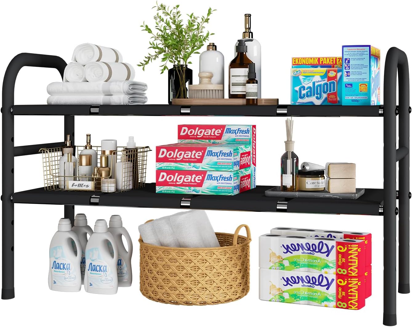 Expandable Under Sink Organizers, 2-Tier Kitchen Bathroom Cabinet Storage Counter Shelf, Shoe Storage Rack with 8 Removable Plastic Boards for Kitchen, Bathroom, Pantry, Entryway, Closet - Image 2