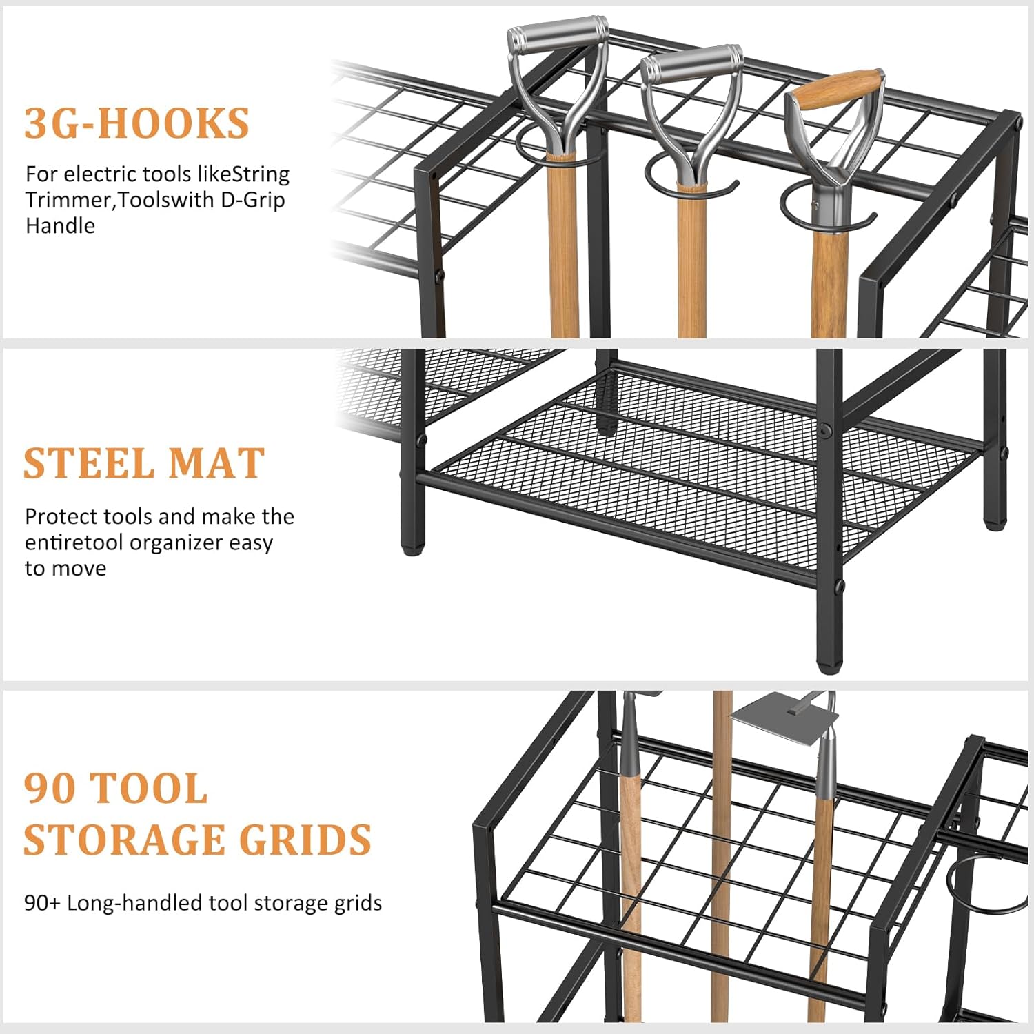 6-Tier Garden Tool Organizer for Outdoor Storage, Yard Tool Rack for Garage Organization and Storage, Holds 90 Long-Handled Tools, Sturdy Steel Tool Holder with 3 Hooks, 44.96"W x 11.89"D x 31"H" - Image 4