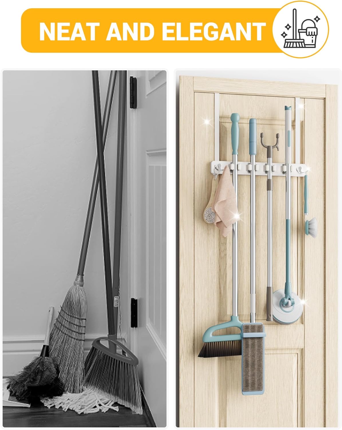 Lorbro Broom Holder Door Mount, Over the Door Broom and Mop Holder with 2 Over Door Hooks, Wood Broom Hanger, Tool Rack Organizer for Laundry, Garage, Closet, Kitchen Decor, 4 Slots & 4 Hooks Rustic - Image 4