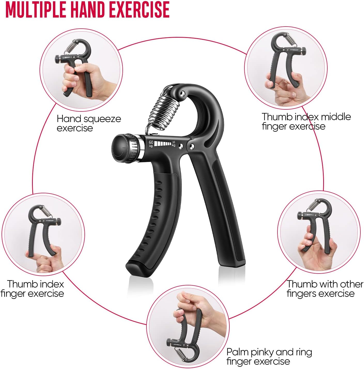 FitBeast Hand Grip Strengthener Workout Kit (5 Pack), 2 Forearm Grip Adjustable Resistance Hand Gripper, Finger Stretcher, Grip Ring & Stress Relief Grip Ball for Athletes - Image 4