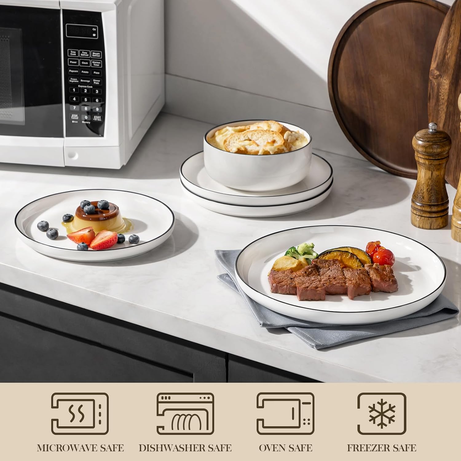 MALACASA Plates and Bowls Sets, 12 Pieces Modern Porcelain Dinnerware Set for 4 White Kitchen Dinner Dining Ware Set wtih Black Rim Ceramic Dishware Dishes Microwave and Dishwasher Safe, Series LUNA - Image 5