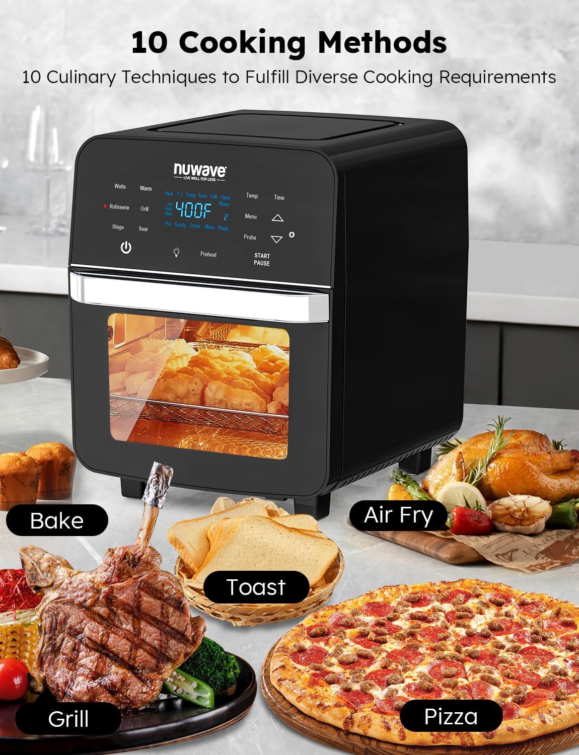 Nuwave Brio Air Fryer Oven, 15.5Qt X-Large Family Size, SS Rotisserie Basket &Skewer-Kit, Reversible Ultra Non-Stick Grill/Griddle Plate, Powerful 1800W, Integrated Smart Thermometer,Black - Image 6
