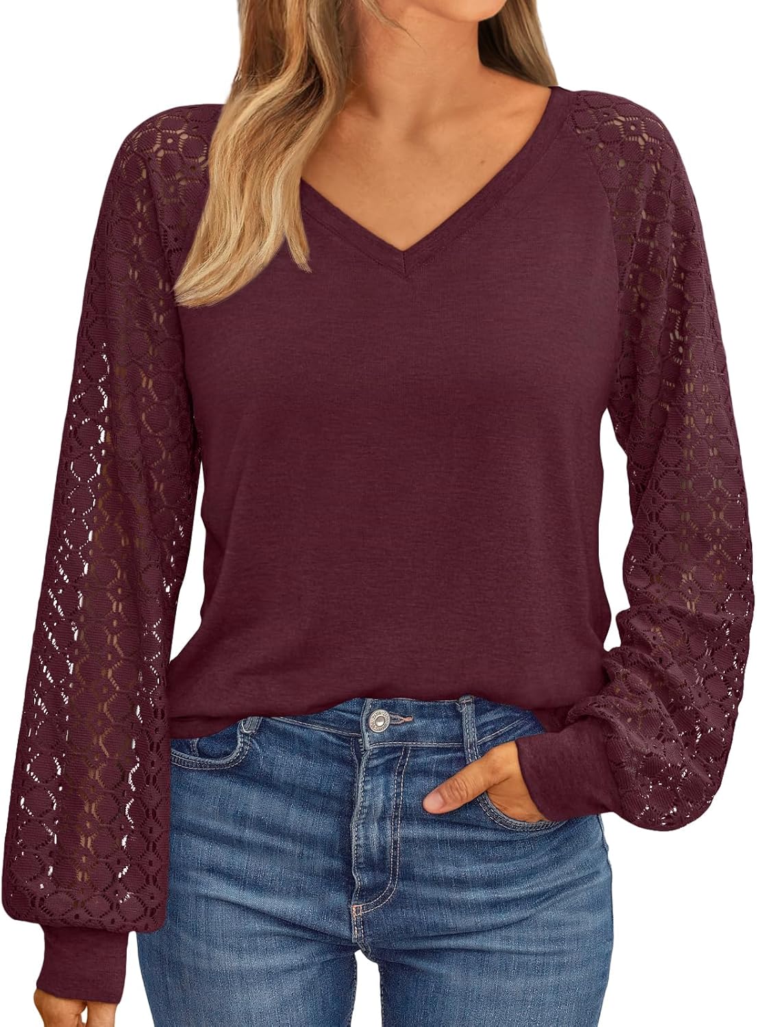 AUTOMET Womens Long Sleeve Shirts V-Neck Lace Tops Business Casual Blouses Tee Trendy 2025 Fall Fashion Outfits Clothes - Image 2