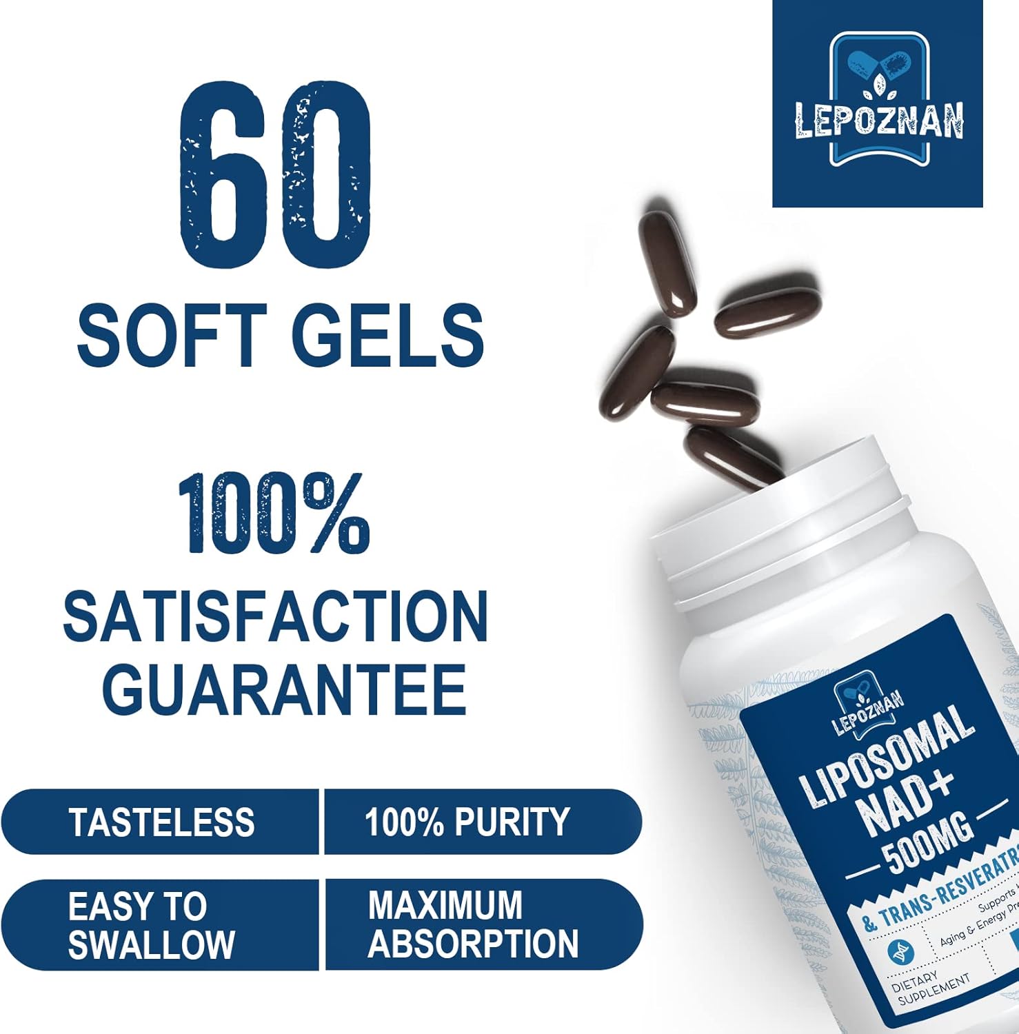 Liposomal NAD+ 500 mg + Trans-Resveratrol 300 mg, Superior Absorption True NAD Supplement Efficient for Cellular Energy Metabolism & DNA Repair, 60 Softgels - Image 8
