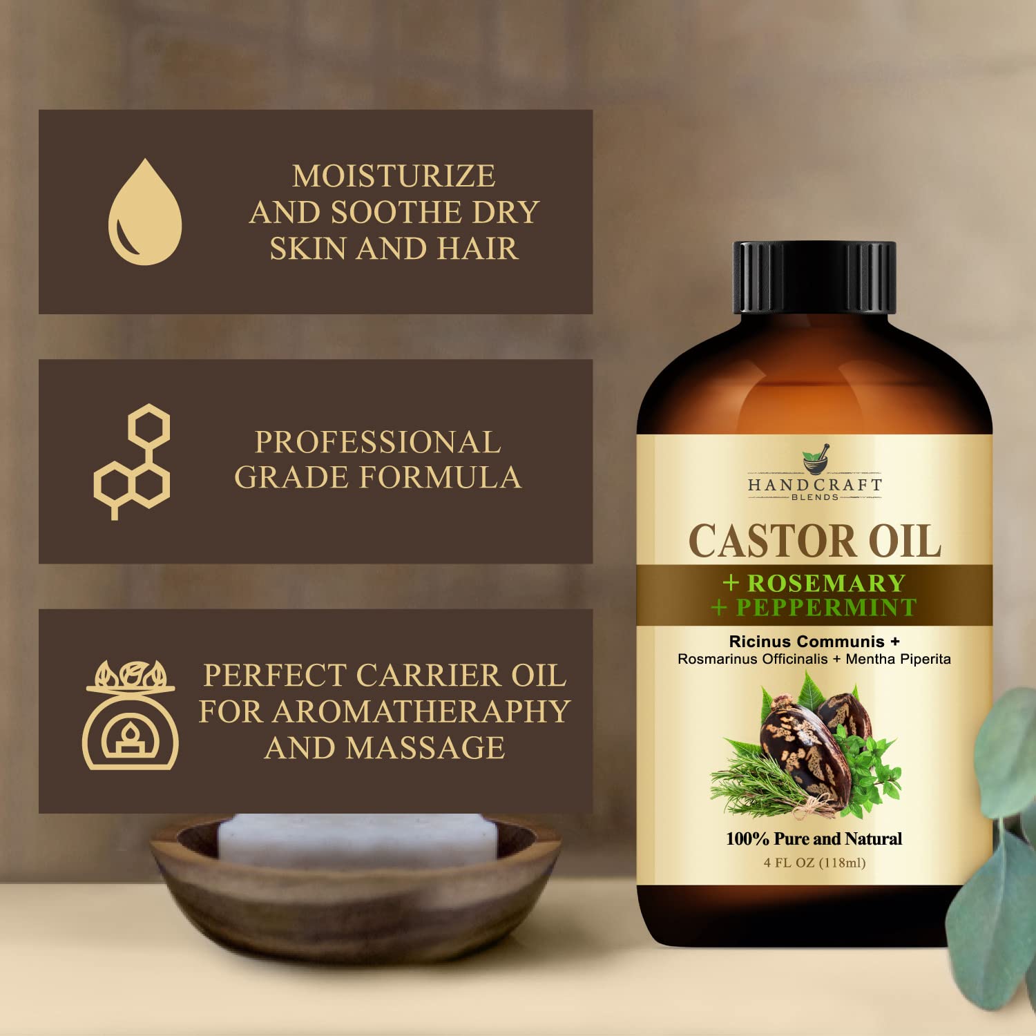 Handcraft Blends Castor Oil with Rosemary and Peppermint Oil in Glass Bottle - 4 Fl Oz - 100% Pure and Natural - Premium Grade Oil for Hair Growth, Eyelashes and Eyebrows - Carrier, Hair and Body Oil - Image 6