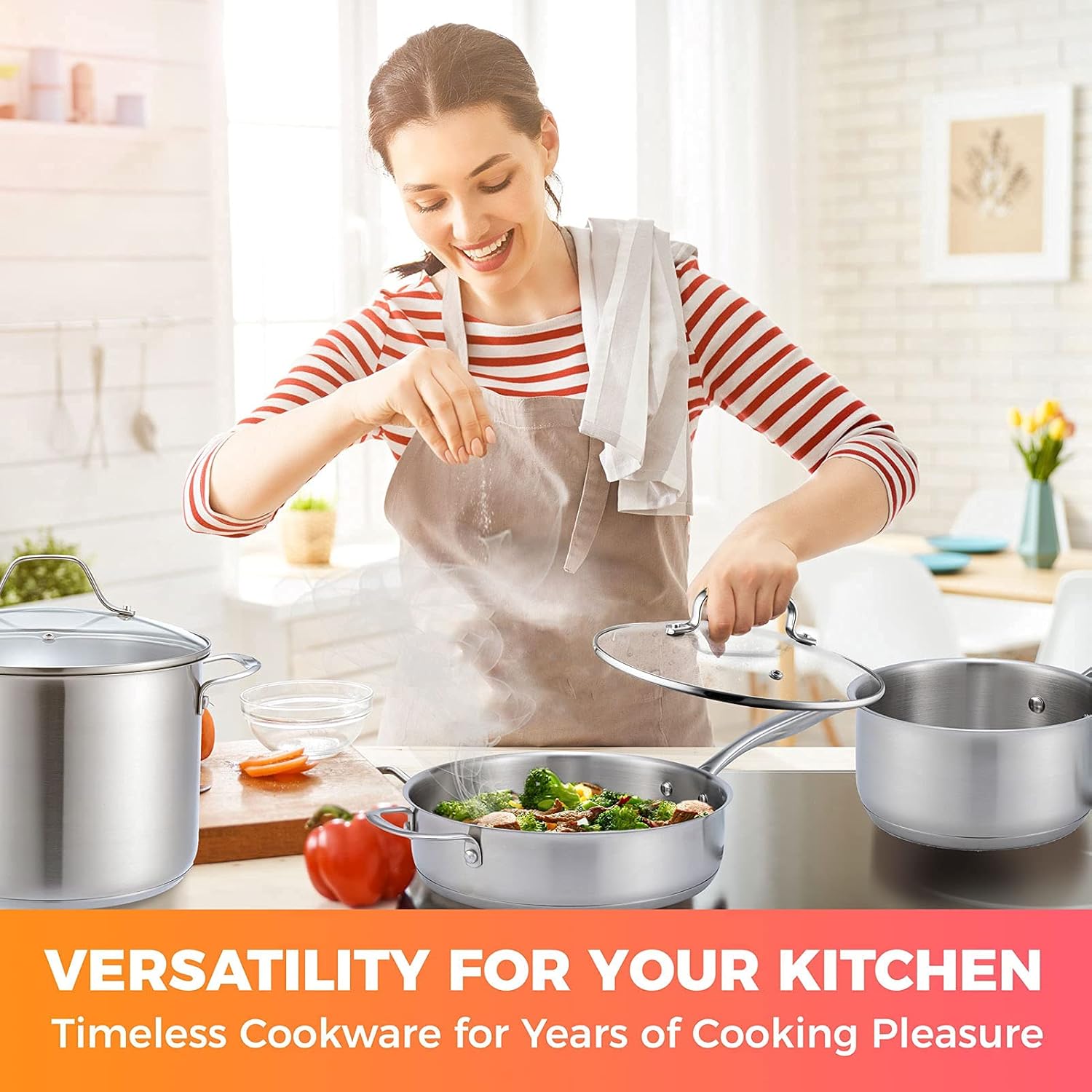Mueller Pots and Pans Set 17-Piece, Ultra-Clad Pro Stainless Steel Cookware Set, Ergonomic EverCool Handle, Induction Cookware, Includes Saucepans, Skillets, Dutch Oven, Stockpot, Steamer For Cooking - Image 8