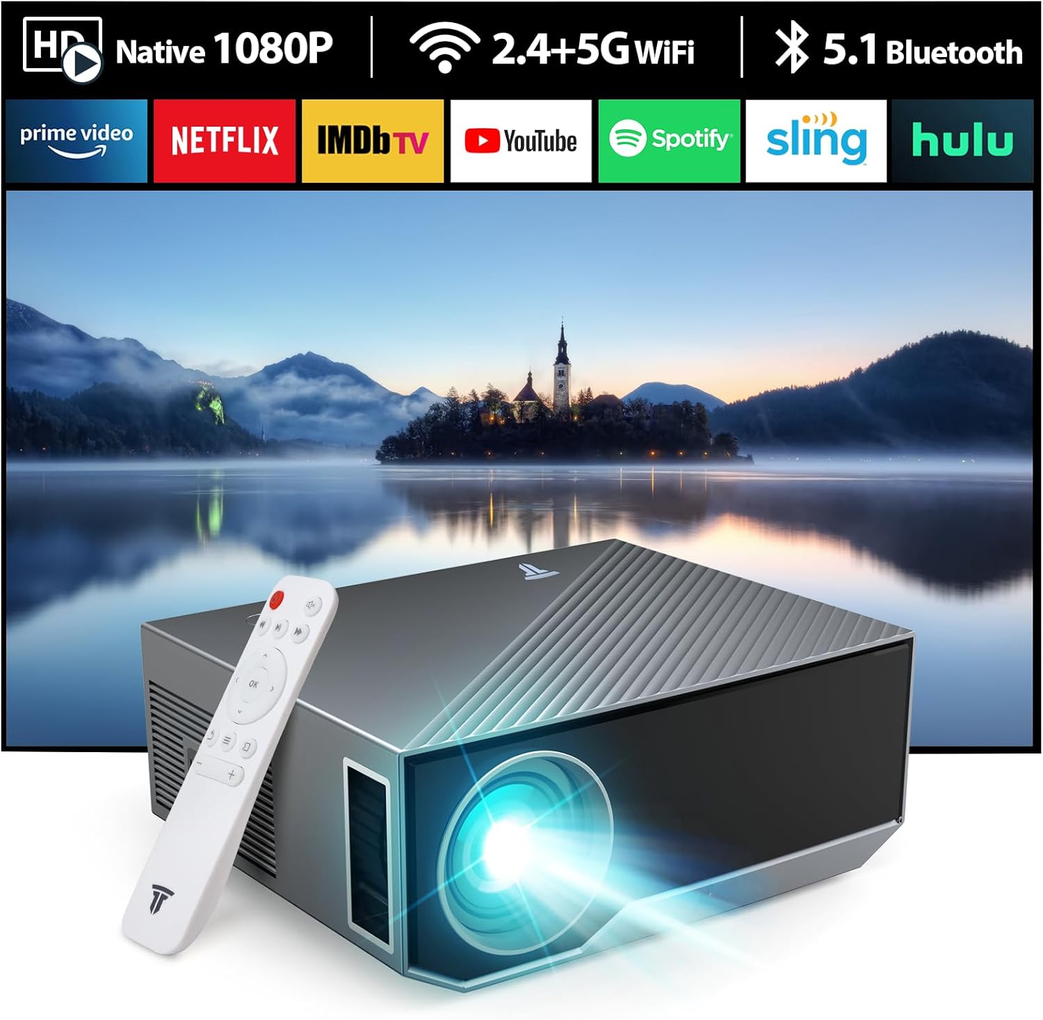 Projector with WiFi and Bluetooth, 16000Lumens Portable Mini Projector,Native Full HD 1080P Outdoor Movie Projector,Smart Projector Compatible with TV Stick/HDMI/USB/Android/iOS/Windows - Image 2