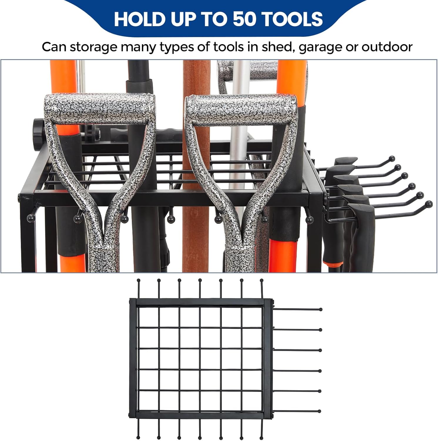 Garden Tool Organizer with 2-Tier Steel Shelves, Holds 50 Long-Handled Tools/Rakes/Brooms/Shovles for Garage Organization and Storage, Shed, Outdoor, Lawn, Heavy-Duty Steel, Black, Easy Assembly - Image 4