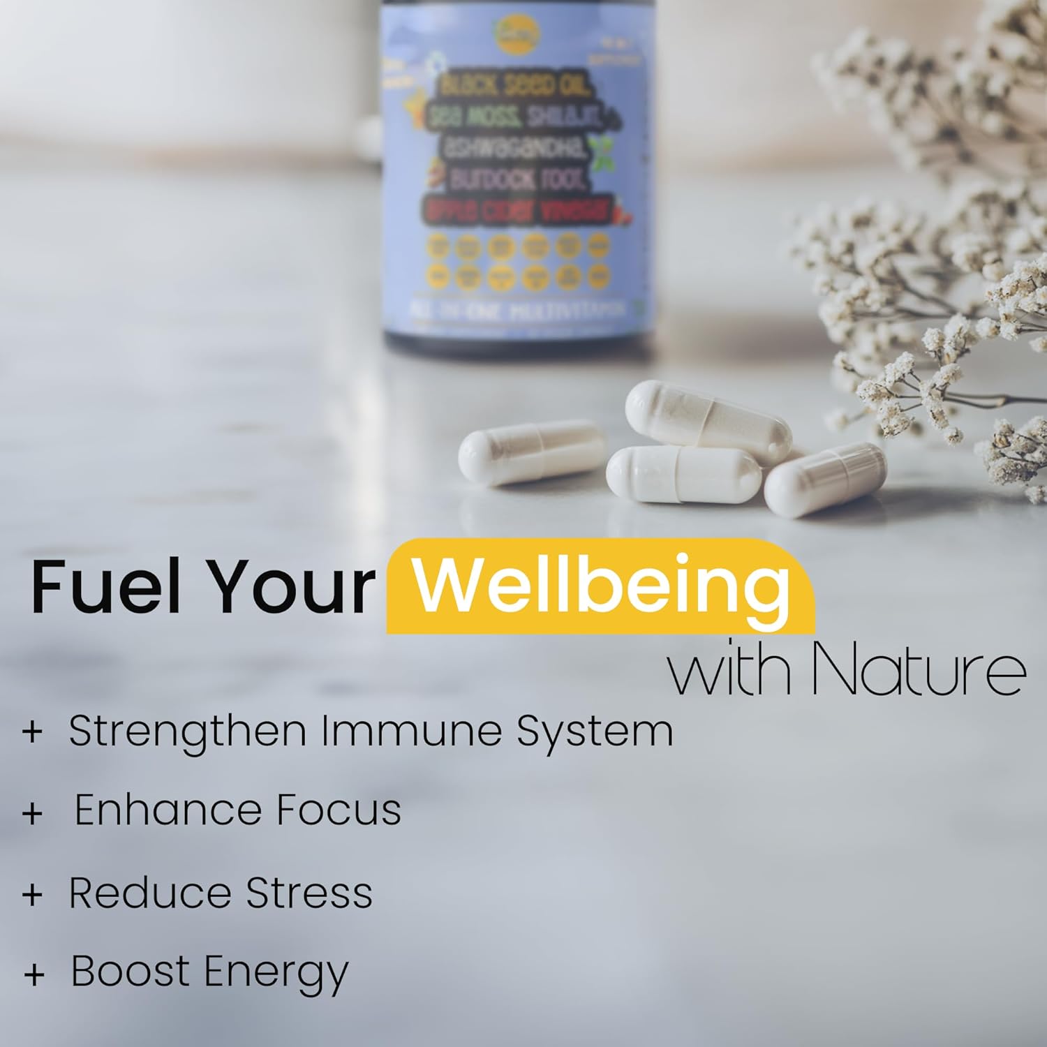 Black Seed Oil, Shilajit, Sea Moss, Ashwagandha, Turmeric, Bladderwrack, Burdock, Elderberry, Vitamin C, Vitamin D3, Vitamin B, Manuka Honey, Nootropic Formula (Vitamin B Complex and L-Theanine) - Image 3