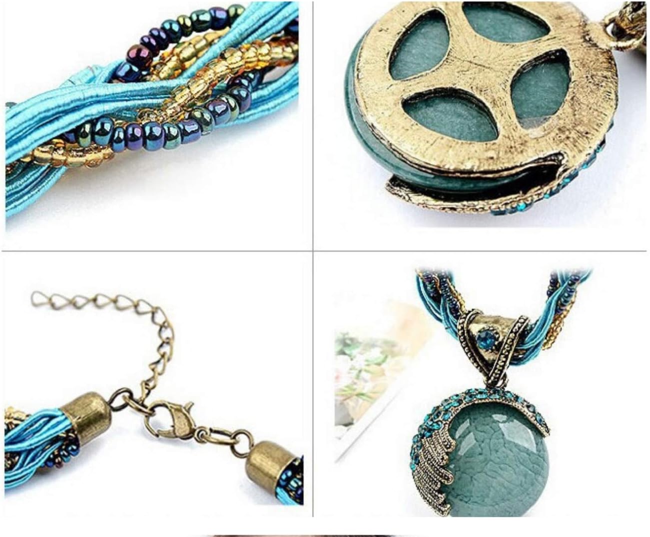 Harlorki Women Lady Handmade Retro Vintage Bohemian Style Twist Woven Rope Chain Turquoise Rhinestone Pendant Collar Necklace Fashion Jewelry - Image 5