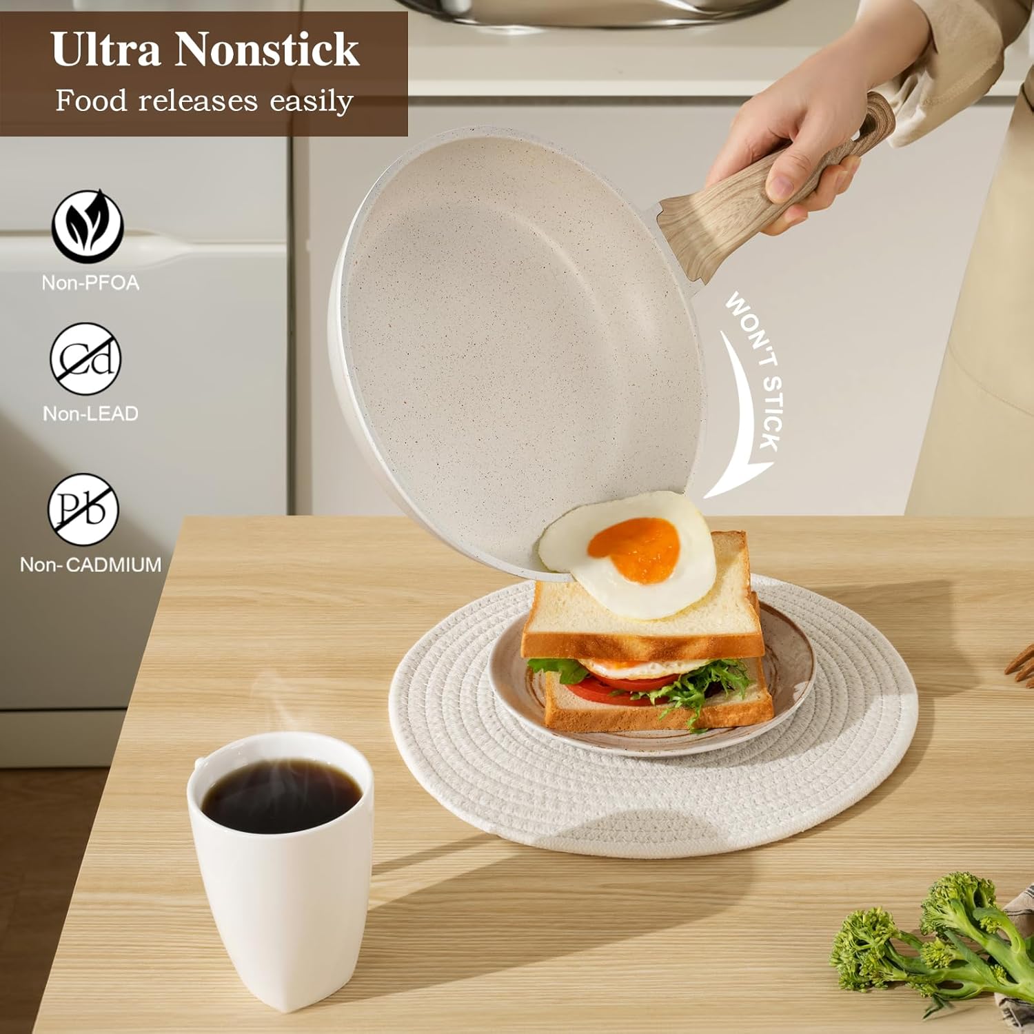 14 Pcs Pots and Pans Set Non Stick, Induction White Cooking Set with Frying Pans, Healthy Kitchen Cooking Set with Stay-Cool Handles, Silicone Utensils and Pot Protectors - Image 4