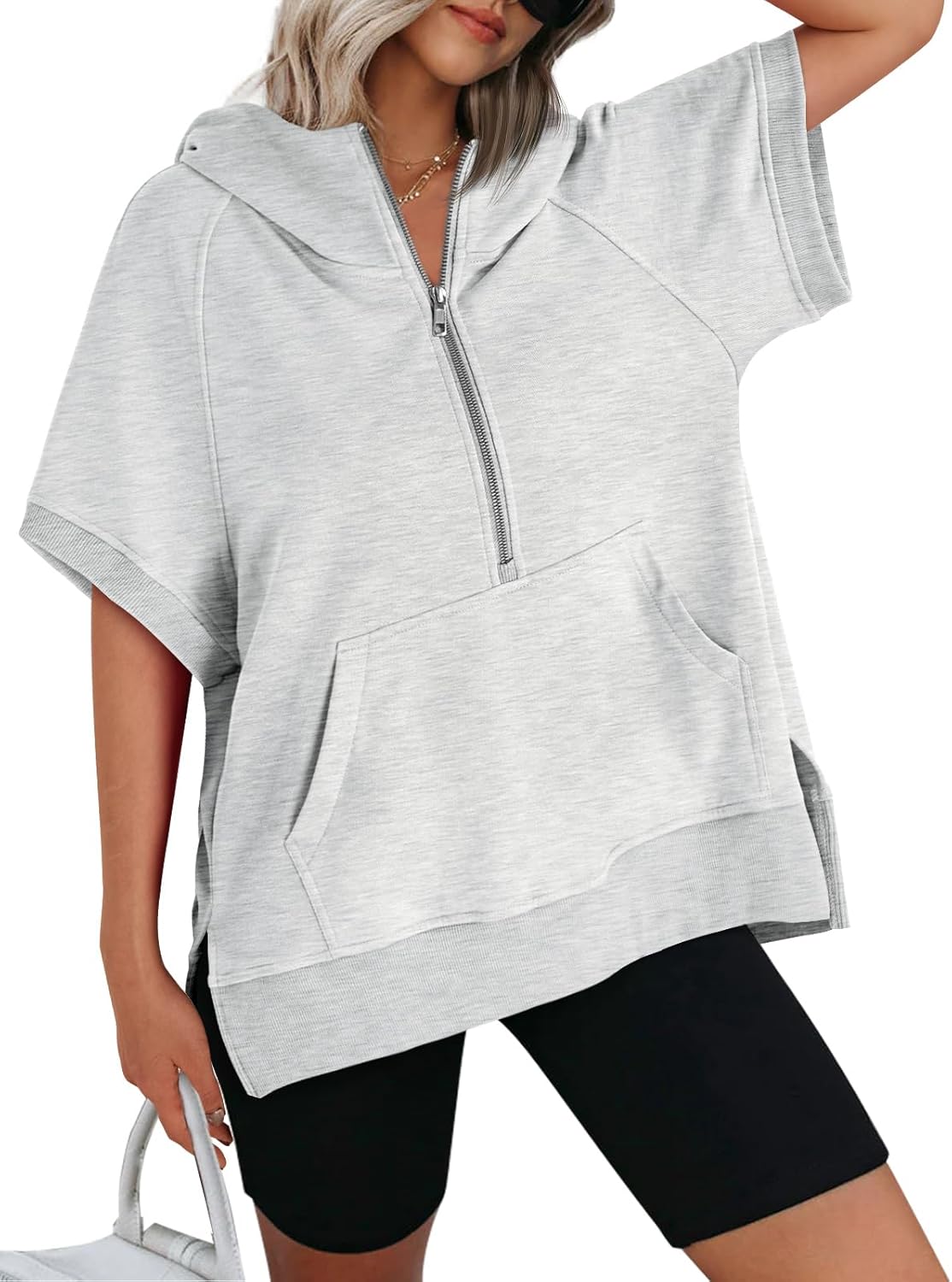 AUTOMET Oversized Hoodies for Women Short Sleeve Half zip Sweatshirt Fleece Loose Fit Pullover 2025 Fall Fashion Outfits - Image 2