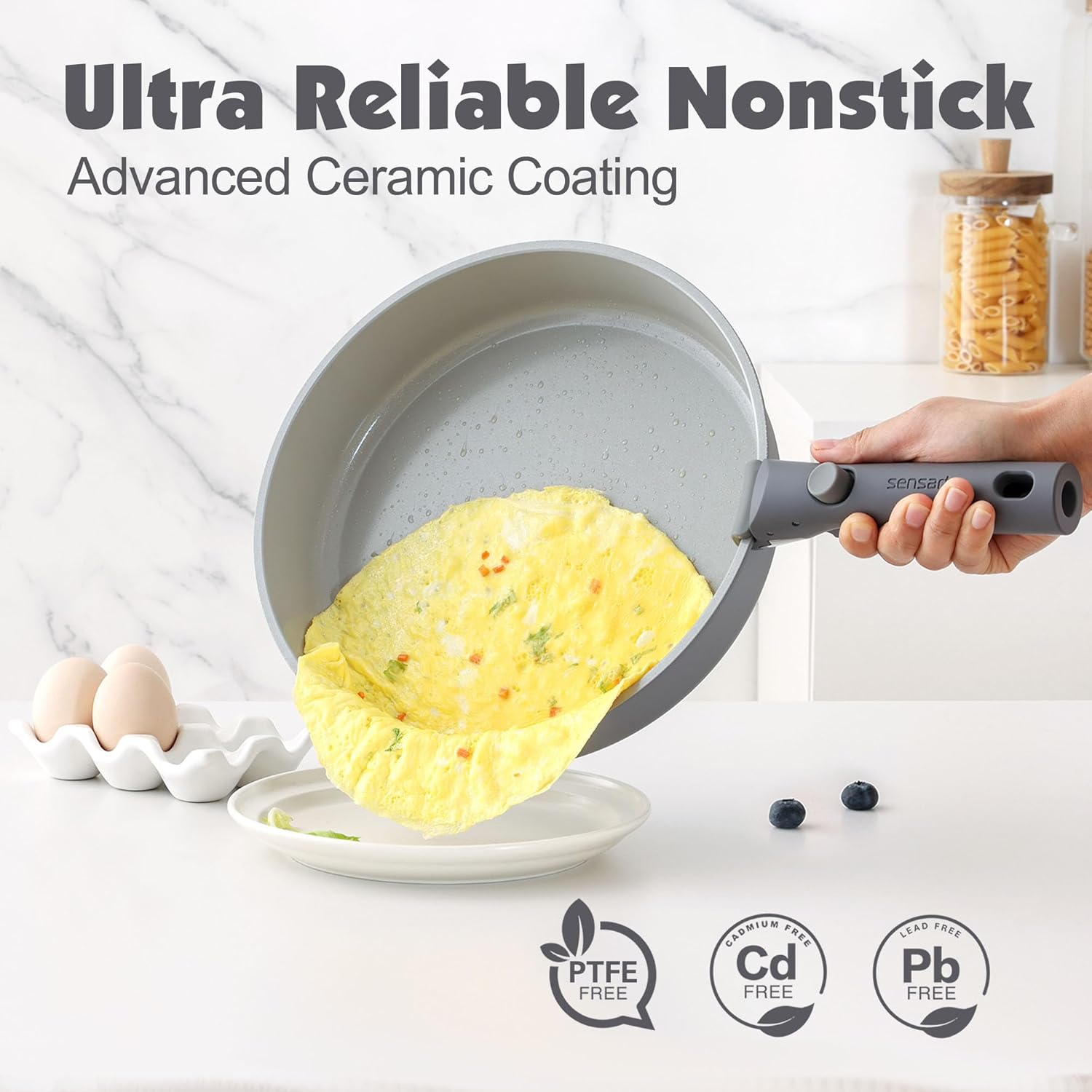 SENSARTE 17 Piece Ceramic Pots and Pans Set, Nonstick Detachable Handle Cookware, Induction Kitchen Cookware Set with Removable Handle, Dishwasher & Oven Safe, PFAS/PTFE/PFOA Free (Gray) - Image 5