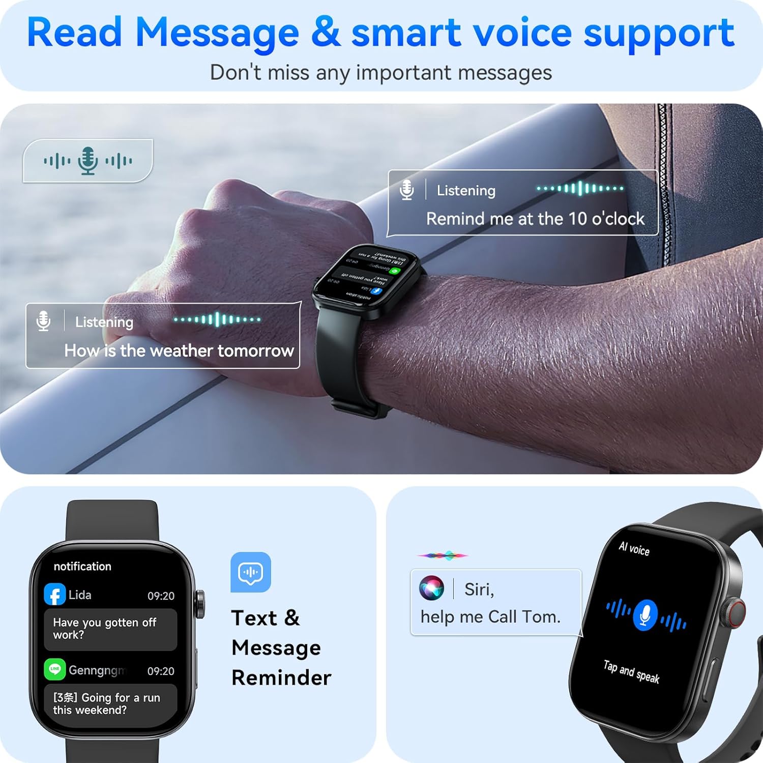 aeac Smart Watch for Men Women iPhone & Android,1.99" AMOLED Screen 3ATM Waterproof Fitness Watch with Answer/Make Call AI Voice,24H-Heart Rate/SpO2/BP Monitor,120+ Sports Modes (Black, 1.99) - Image 4