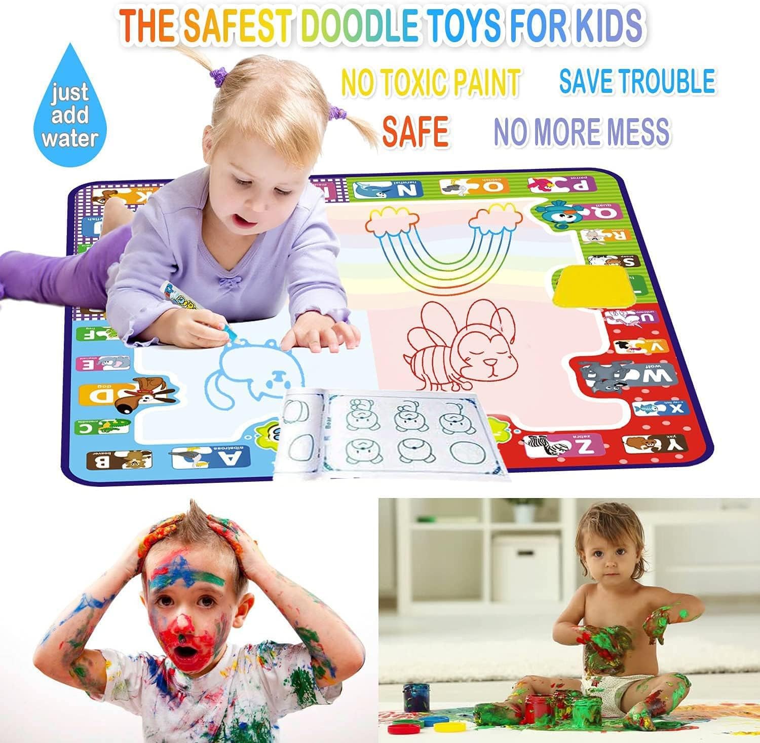 KIZZYEA Toys for 2 3 4 5 Years Old Boys Girls, Water Doodle Mat for Kids, Large Coloring Painting Writing Mat with Neon Colors, Educational Toys Christmas Birthday Gifts for Age 2-4, 3-5 Toddlers - Image 4