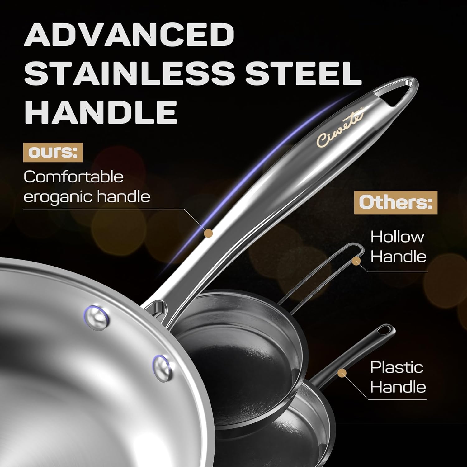 Tri-Ply Stainless Steel Pots and Pans Set 11-PC, 18/10 Stainless Steel Induction Cookware Set with Steamer Insert, Kitchen Cookware Sets with Stay Cool Ergonomic Handles, Dishwasher, Oven Safe - Image 4