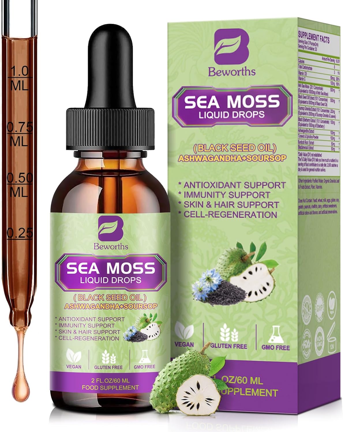 Sea Moss Liquid Drops - Irish Sea Moss Black Seed Oil with Ashwagandha, Soursop Bitters, Elderberry, Burdock Root, Bladderwrack, Multimineral Seamoss Supplement Support Antioxidant, Immune, Gut Health - Image 2