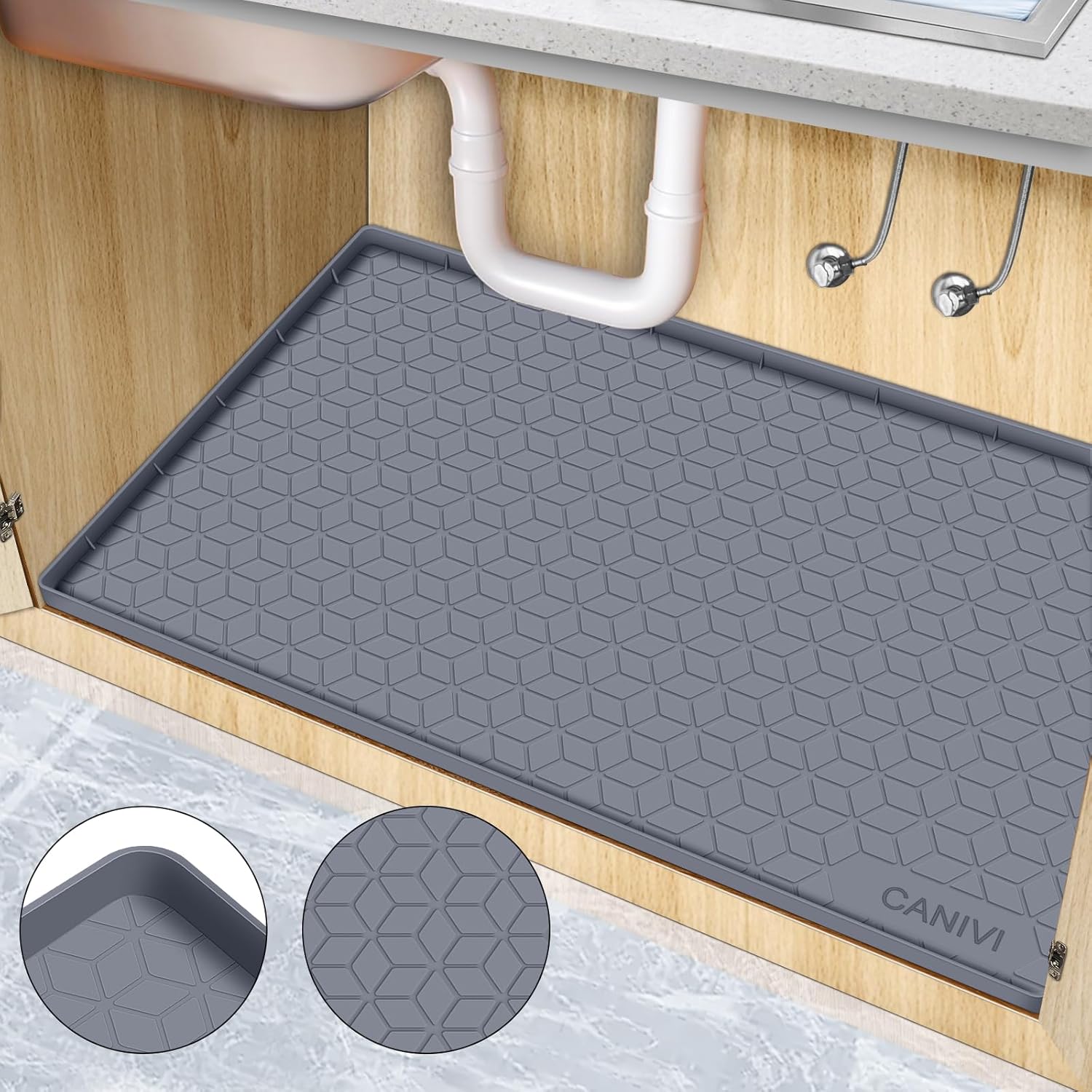 Under Sink Mat, 34" x 22" Waterproof Silicone Under Sink Tray for Kitchen & Laundry Cabinets, Kitchen Cabinet Shelf Protector, Up to 3.3 Gallons Liquid, Fits 36 inch Standard Cabinet(Grey) - Image 2