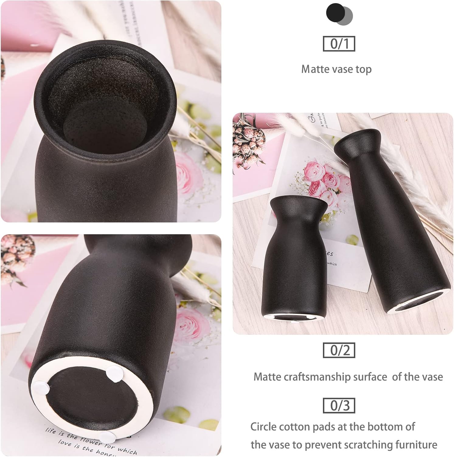 Ceramic Vase Set of 2, Black Matte Boho Vase for Decorative Dried Flowers Pampas Grass Decoraitons, Dining Table Centerpieces Rustic Living Room Decor for Home Office (Black) - Image 4