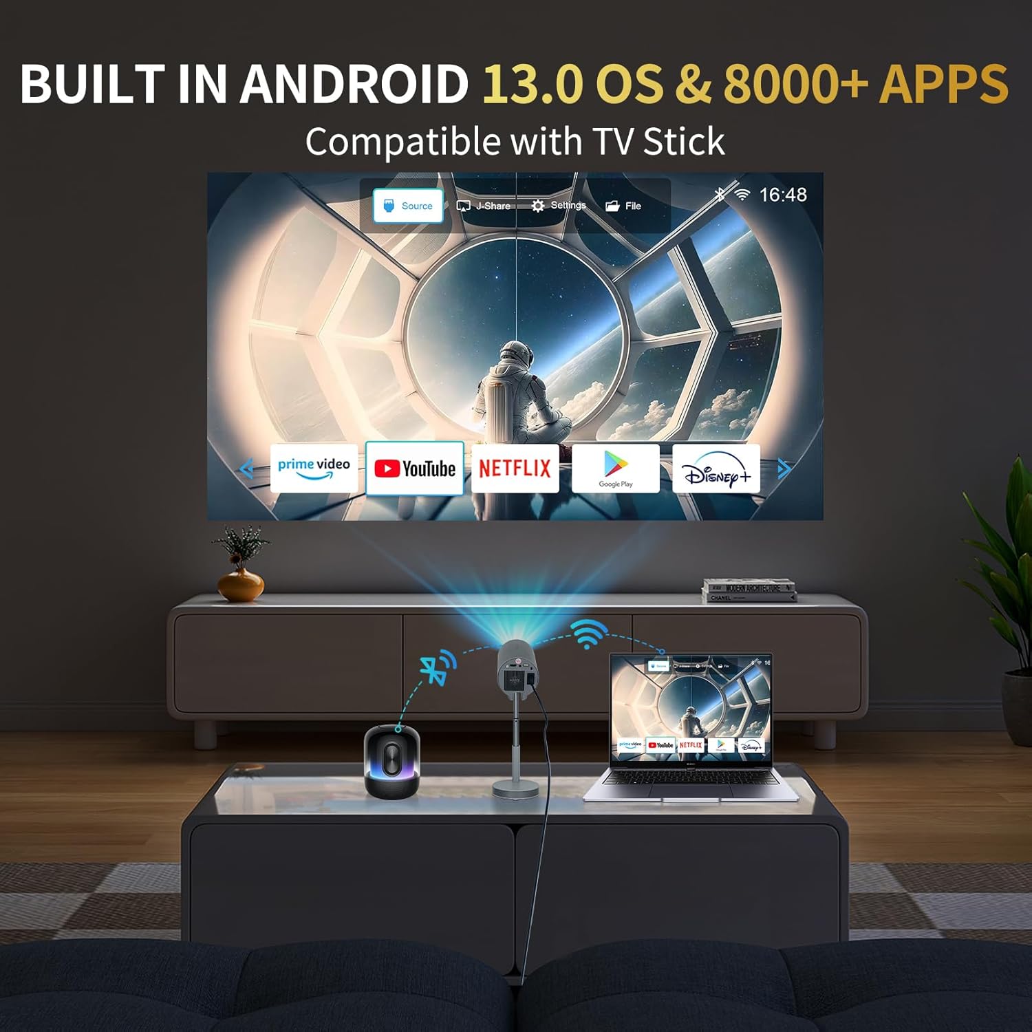【Built in Apps&15" Foldable Stand】Portable Mini Projector with WiFi and Bluetooth, 1080P 500 ANSI Smart Projector 4K with Electric Focus & 5W Speaker, Home theater Projector with 200'' Display+zoom - Image 6