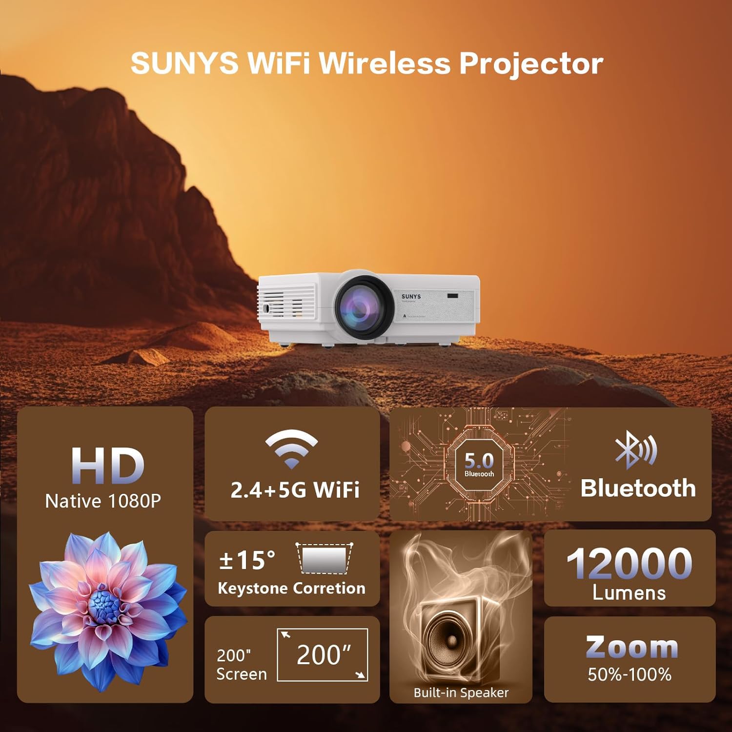Projector with WiFi and Bluetooth, Native 1080P Full HD, Portable Movie Projector Compatible with Android/iOS/HDMI/USB (Textured Grey) - Image 3
